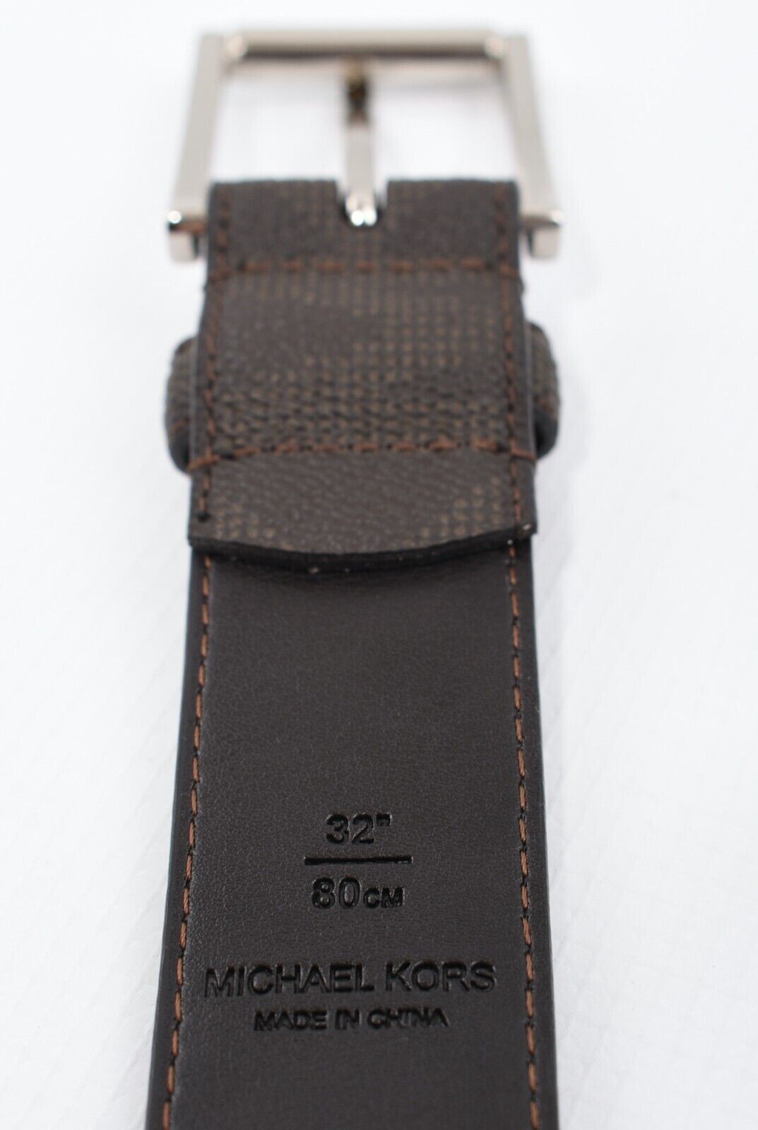 MICHAEL KORS Men's Faux Leather Monogram Belt, Brown, 1.25" wide, size 32