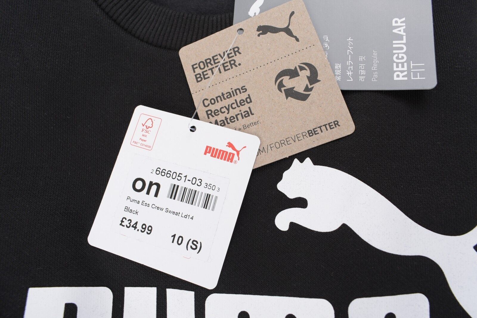 PUMA Women's Crew Neck Logo Sweatshirt, Recycled Materials, Black, size S UK 10