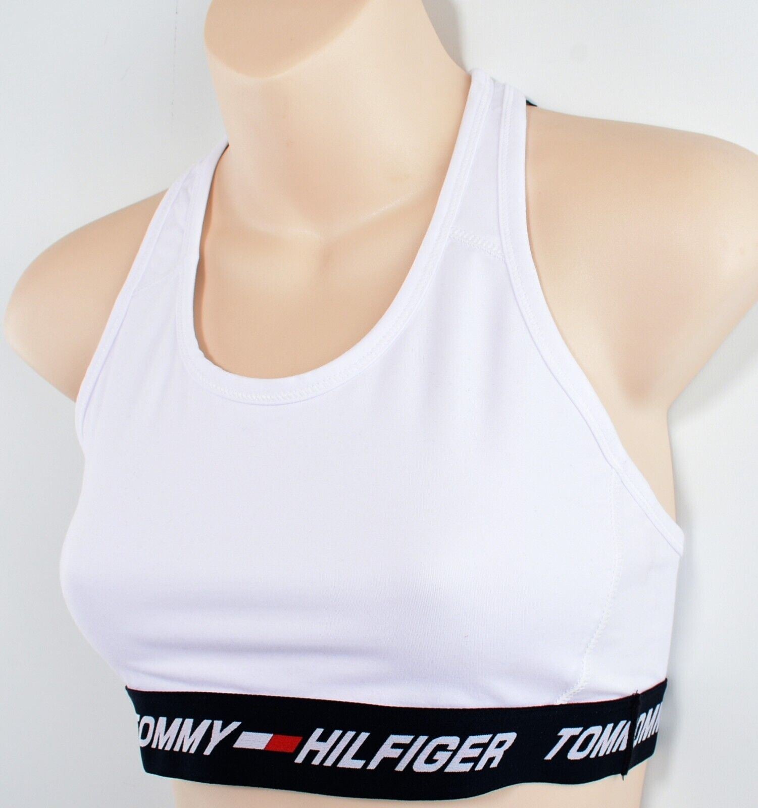 TOMMY HILFIGER Women's Mid Intensity Racerback Sports Bra, White, size S (UK 10)