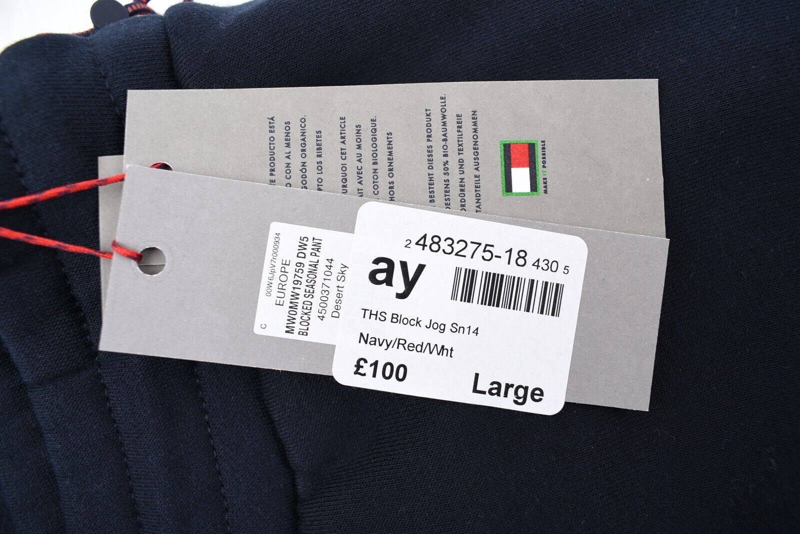 TOMMY HILFIGER Men's Joggers, Organic Cotton Blend, Blue/Red/White, size L