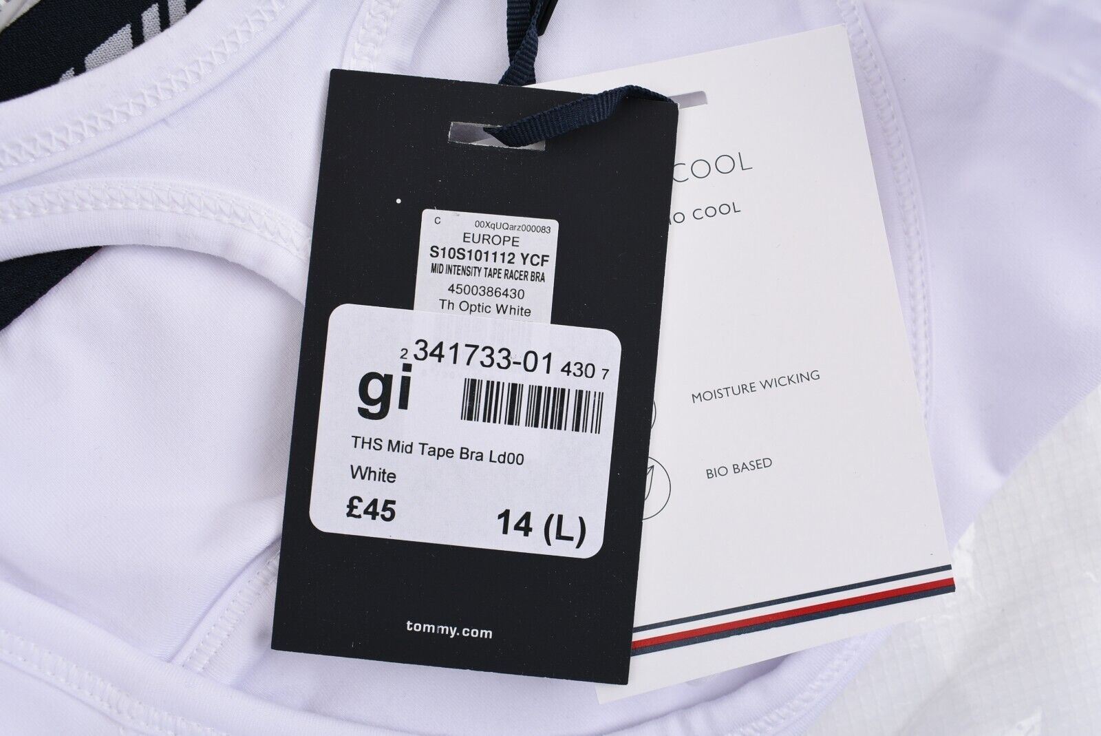 TOMMY HILFIGER Women's Mid Intensity Racerback Sports Bra, White, size L (UK 14)