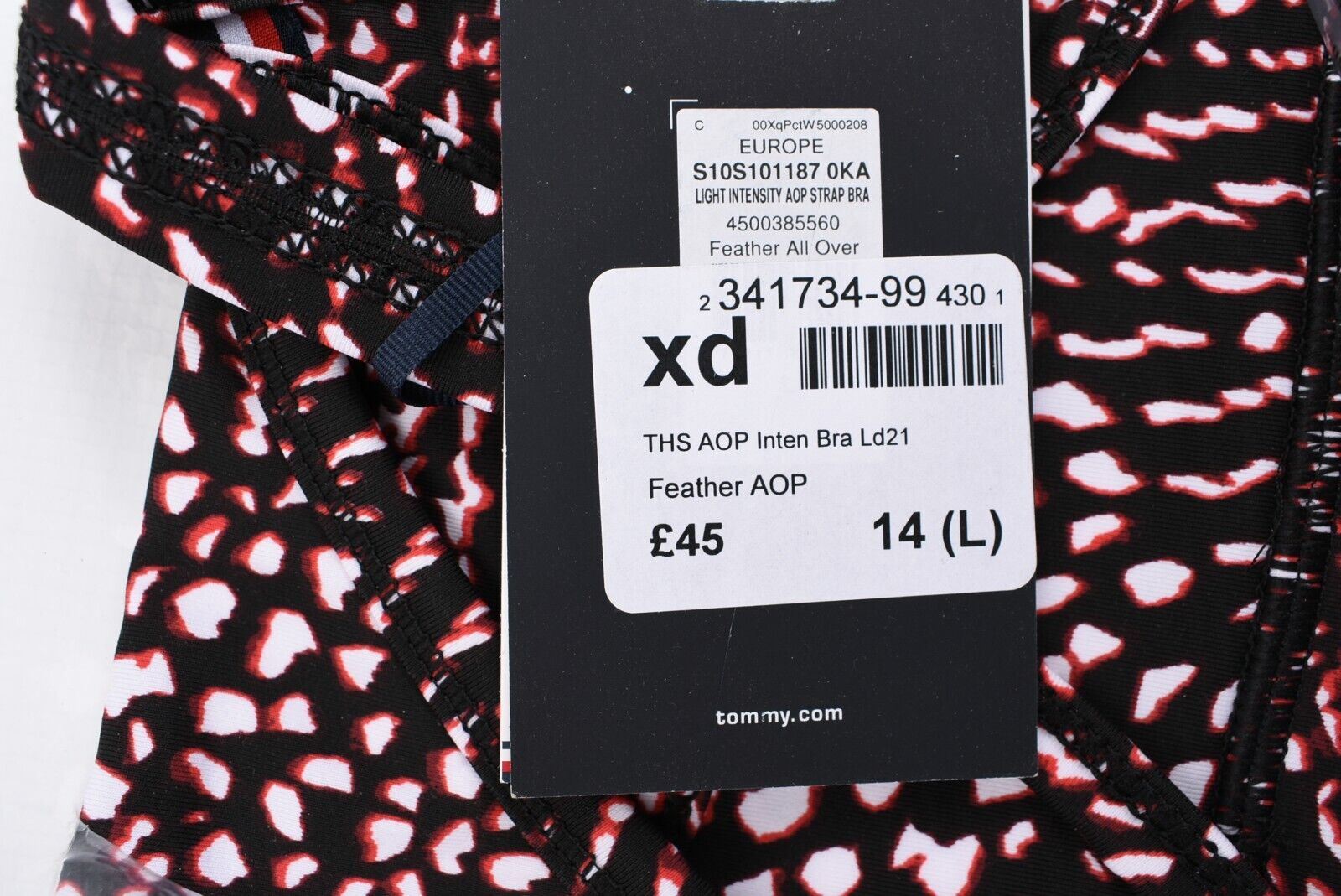 TOMMY HILFIGER Women's Racerback Sports Bra, Black/Red Pattern, size L (UK 14)