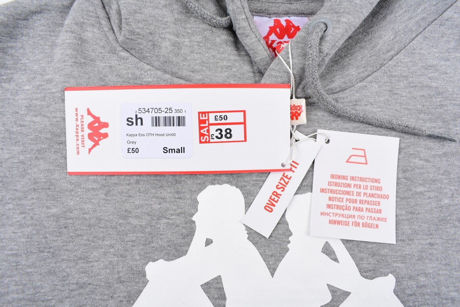 KAPPA Men's Oversized Hooded Sweatshirt, Hoodie, Grey Heather/White Logo, size S