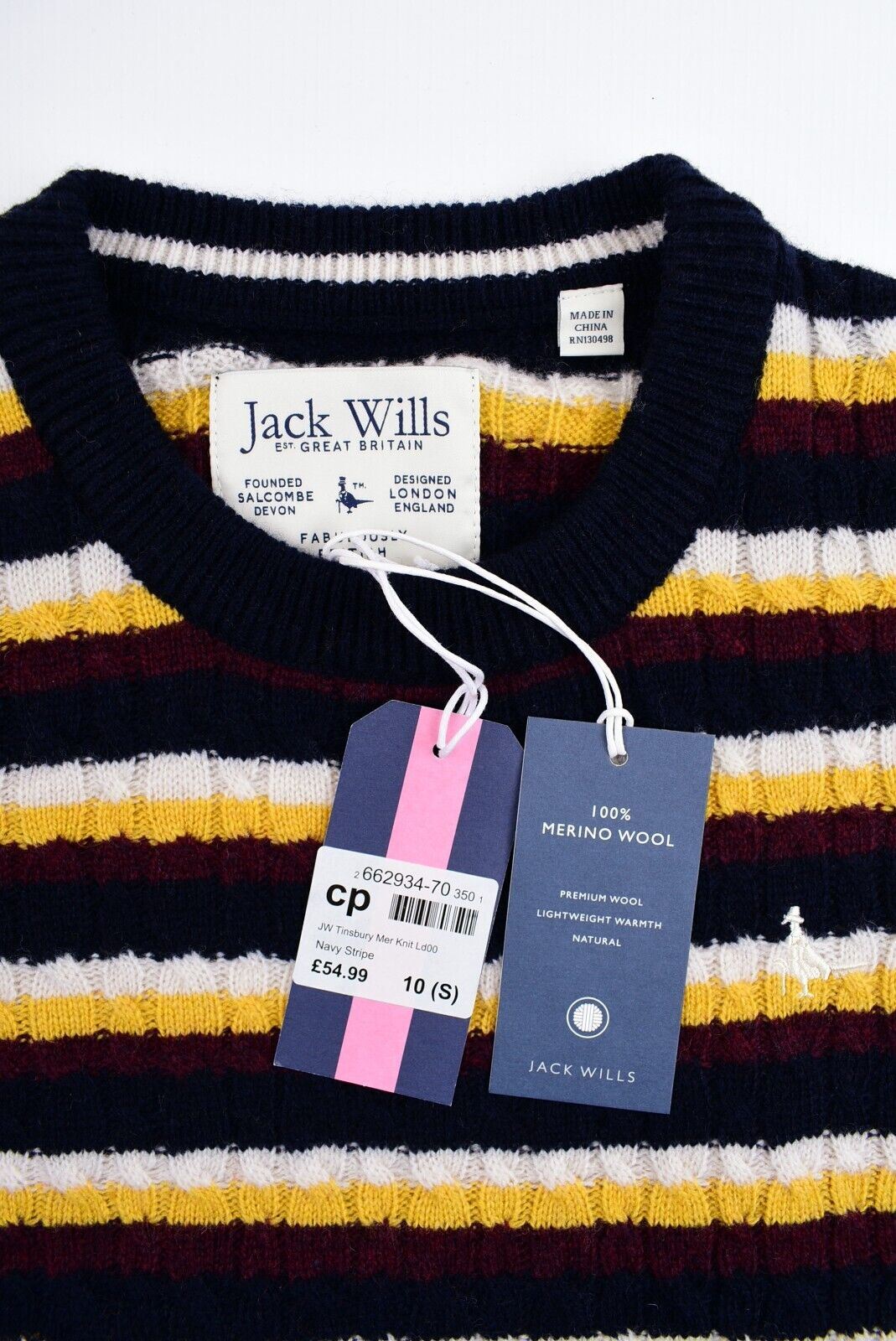 JACK WILLS Women's TINSBURY 100% Merino Wool Striped Jumper, Multicolour, size S