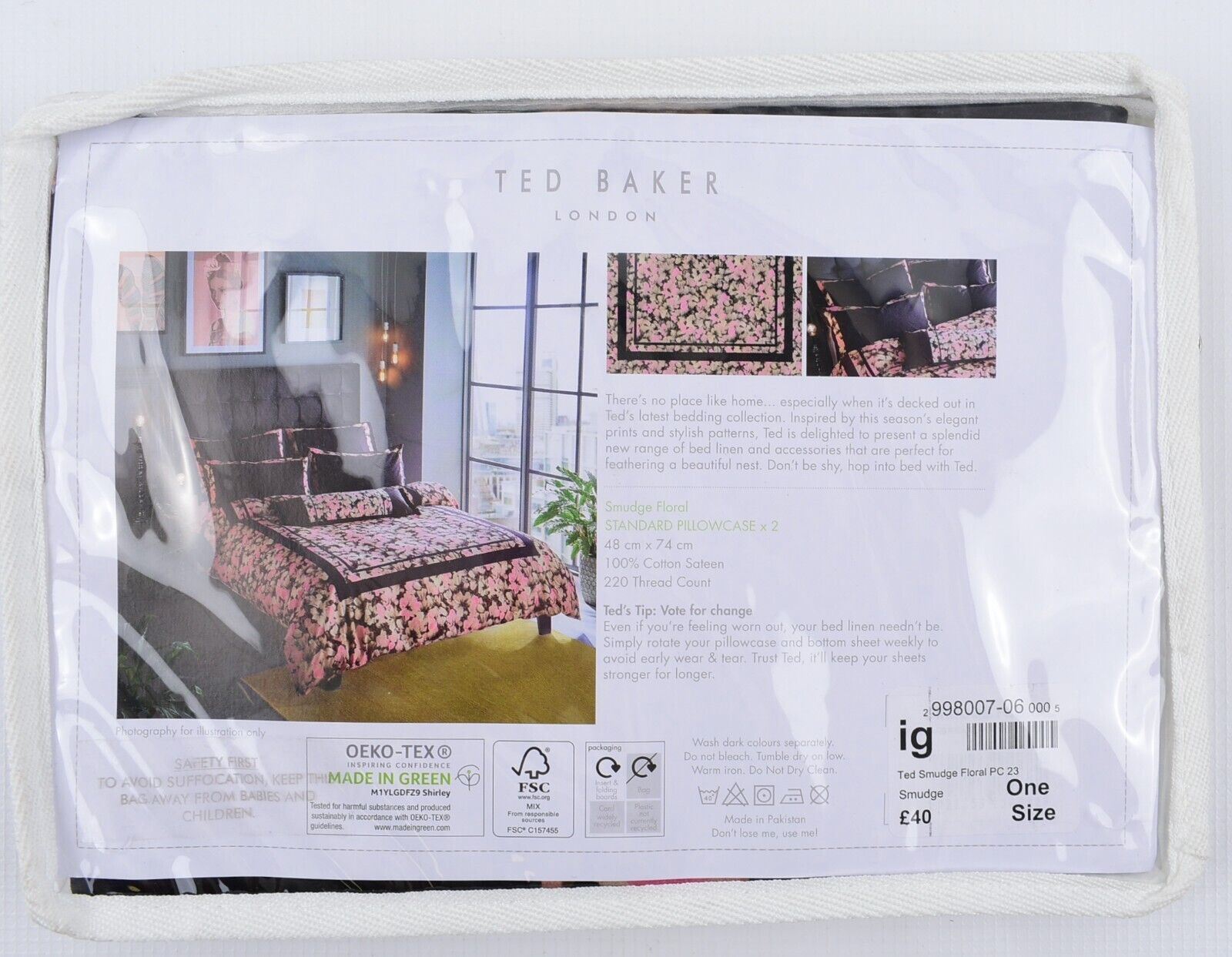 TED BAKER Bedding: 2x Standard Pillowcases, Smudge Floral (Pink/Black/Multi)
