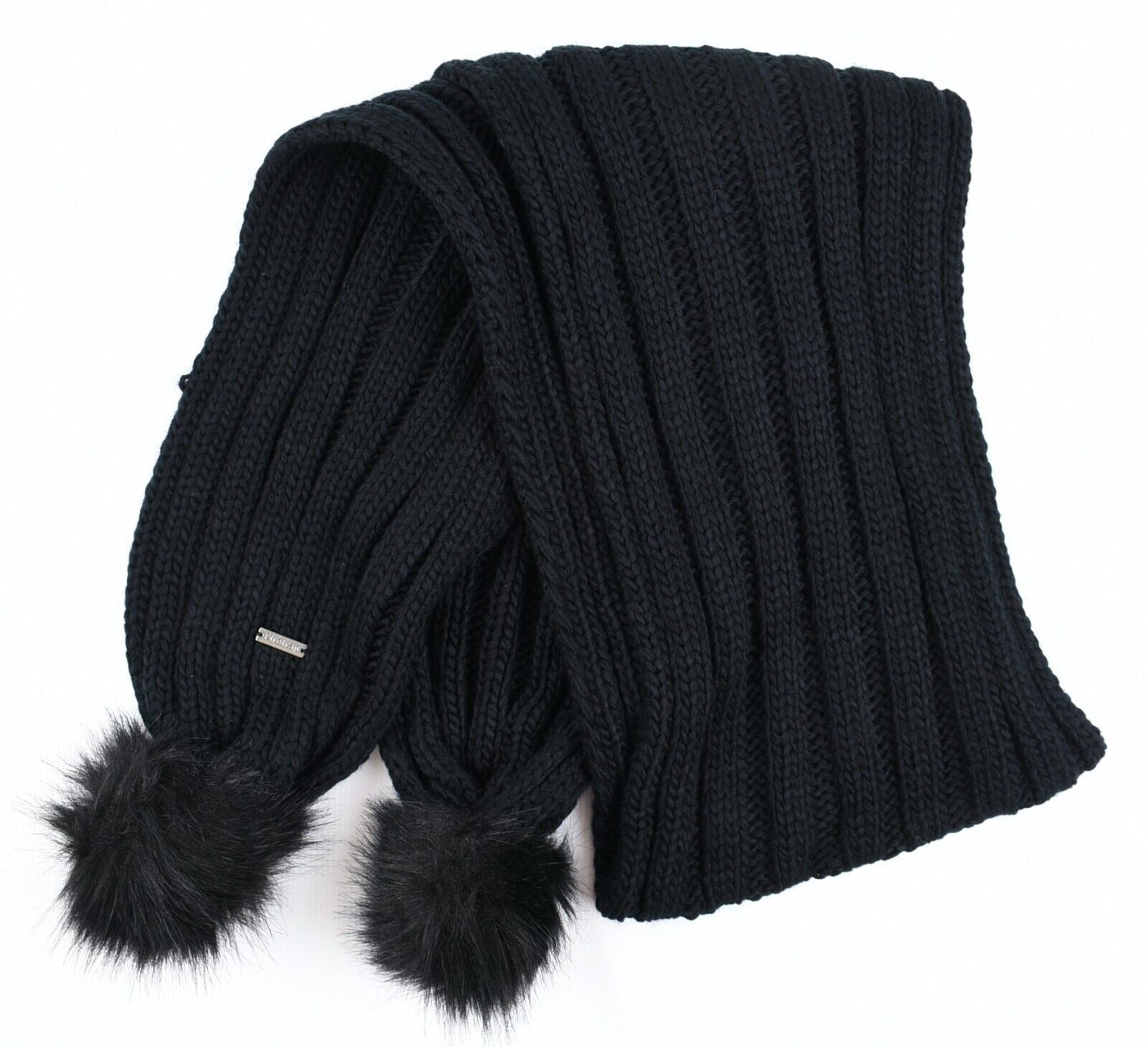 FIRETRAP Women's Cable Knit Winter Scarf with Fluffy Pom Poms, Black