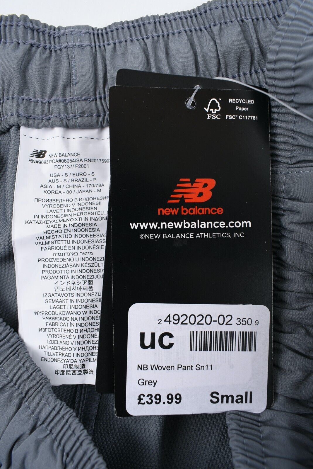 NEW BALANCE Men's Woven Track Pants, Lightweight/Fast Drying, Grey, size SMALL