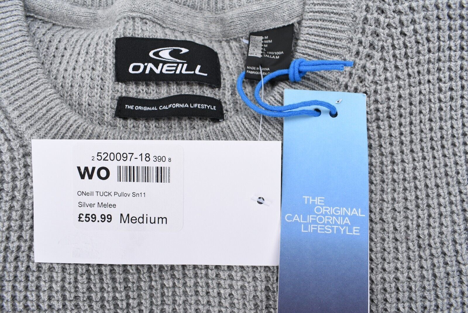 O'NEILL Men's TUCK Pullover Jumper, 100% Cotton Knit, Silver Grey, size MEDIUM