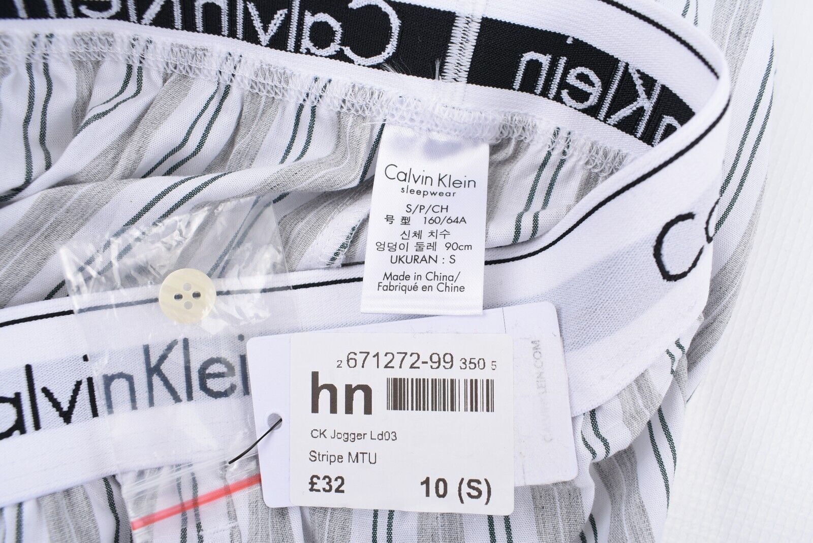 CALVIN KLEIN Women's Lounge Pants, Pyjama Bottoms, Grey Striped, size S (UK 10)