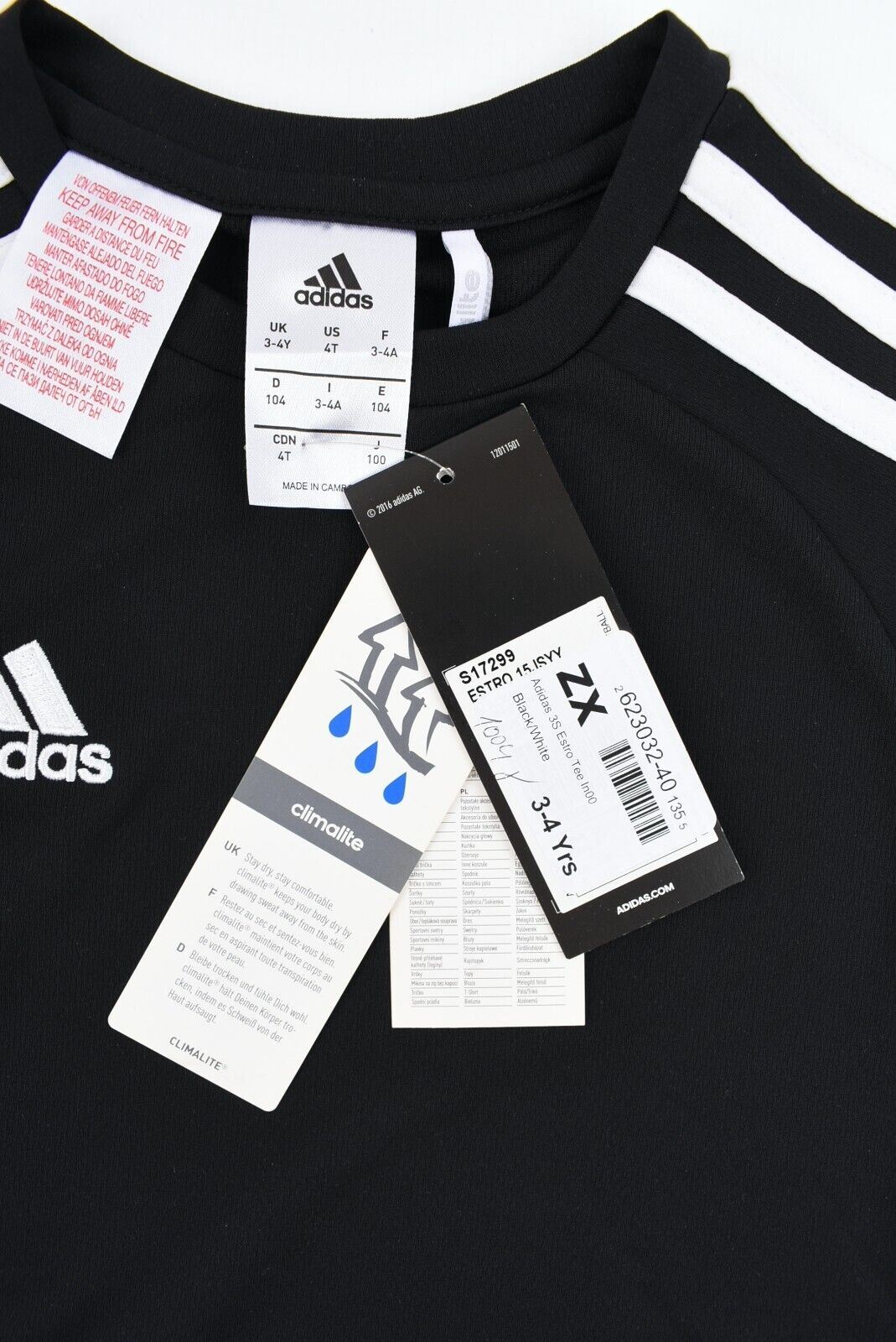 NIKE Kids' 3 Stripe ESTRO Tee, Activewear T-shirt, Black/White, size 3-4 years