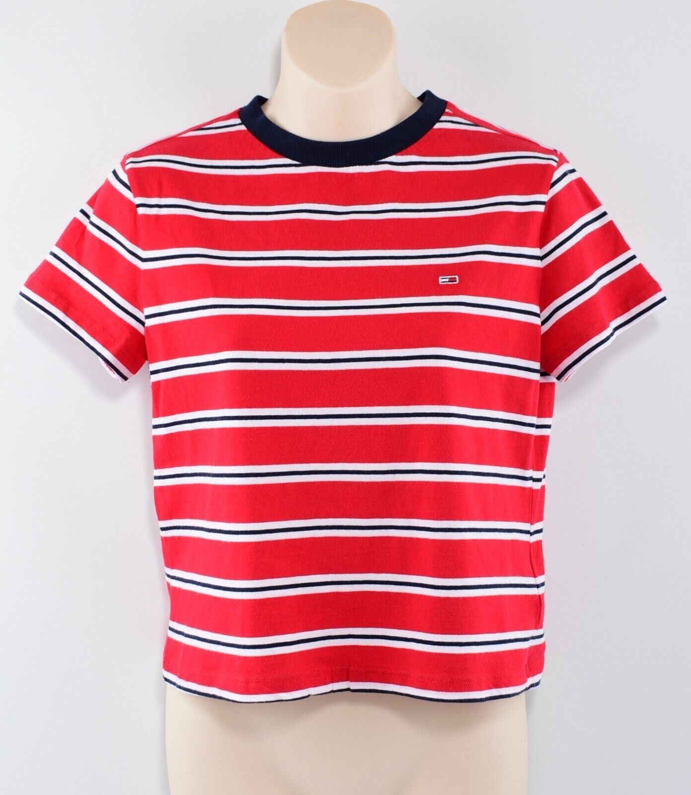 TOMMY HILFIGER Women's Cropped Tee, ORGANIC COTTON T-shirt, Red/Striped, size M