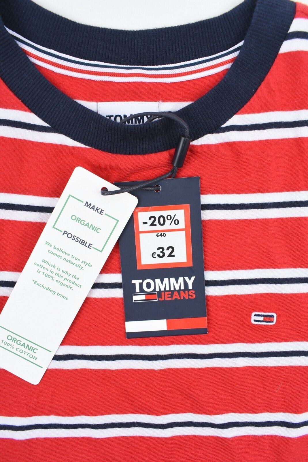 TOMMY HILFIGER Women's Cropped Tee, ORGANIC COTTON T-shirt, Red/Striped, size M