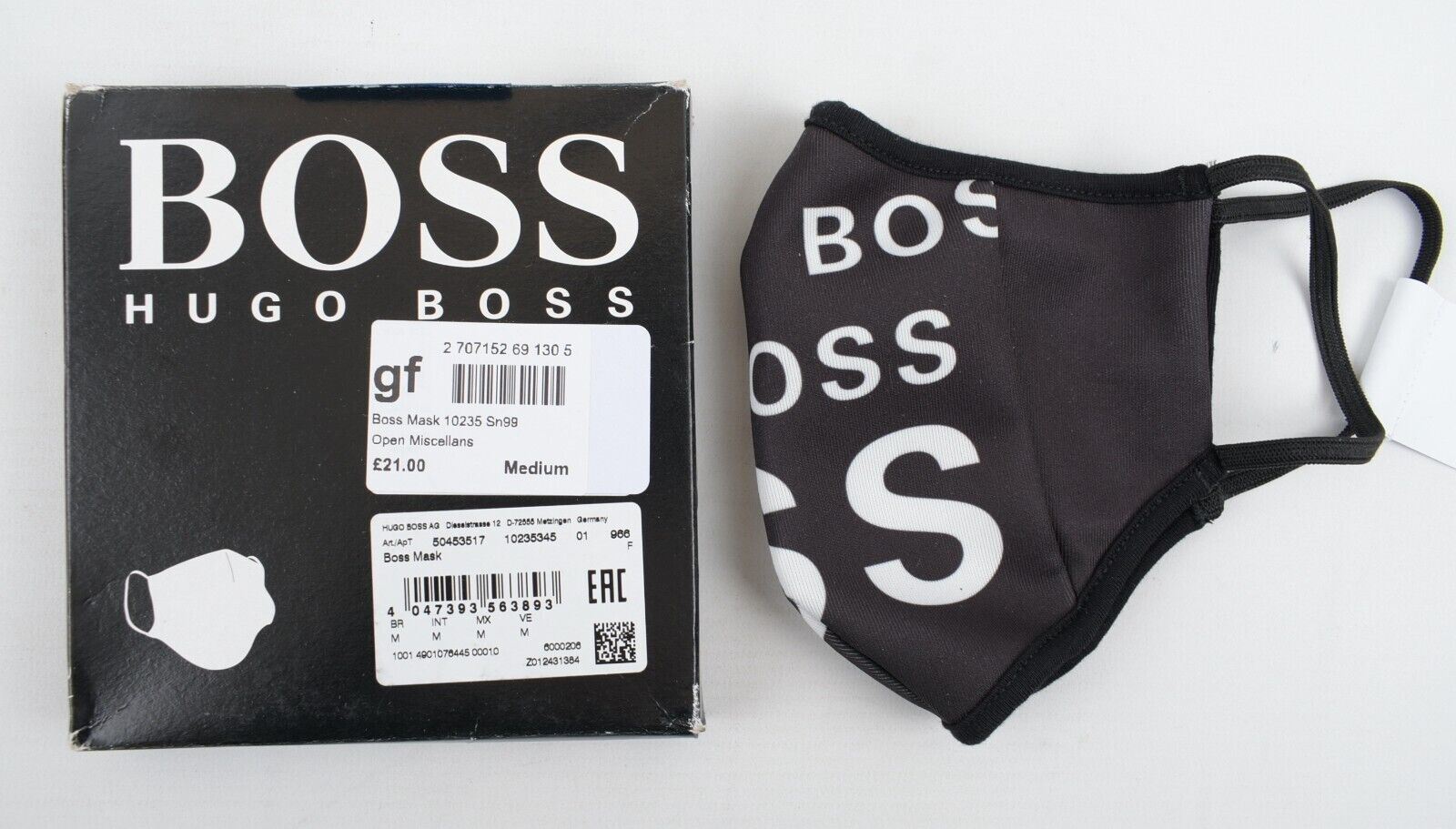 HUGO BOSS Reusable Fabric Face Mask, Black/White, Unisex - size M