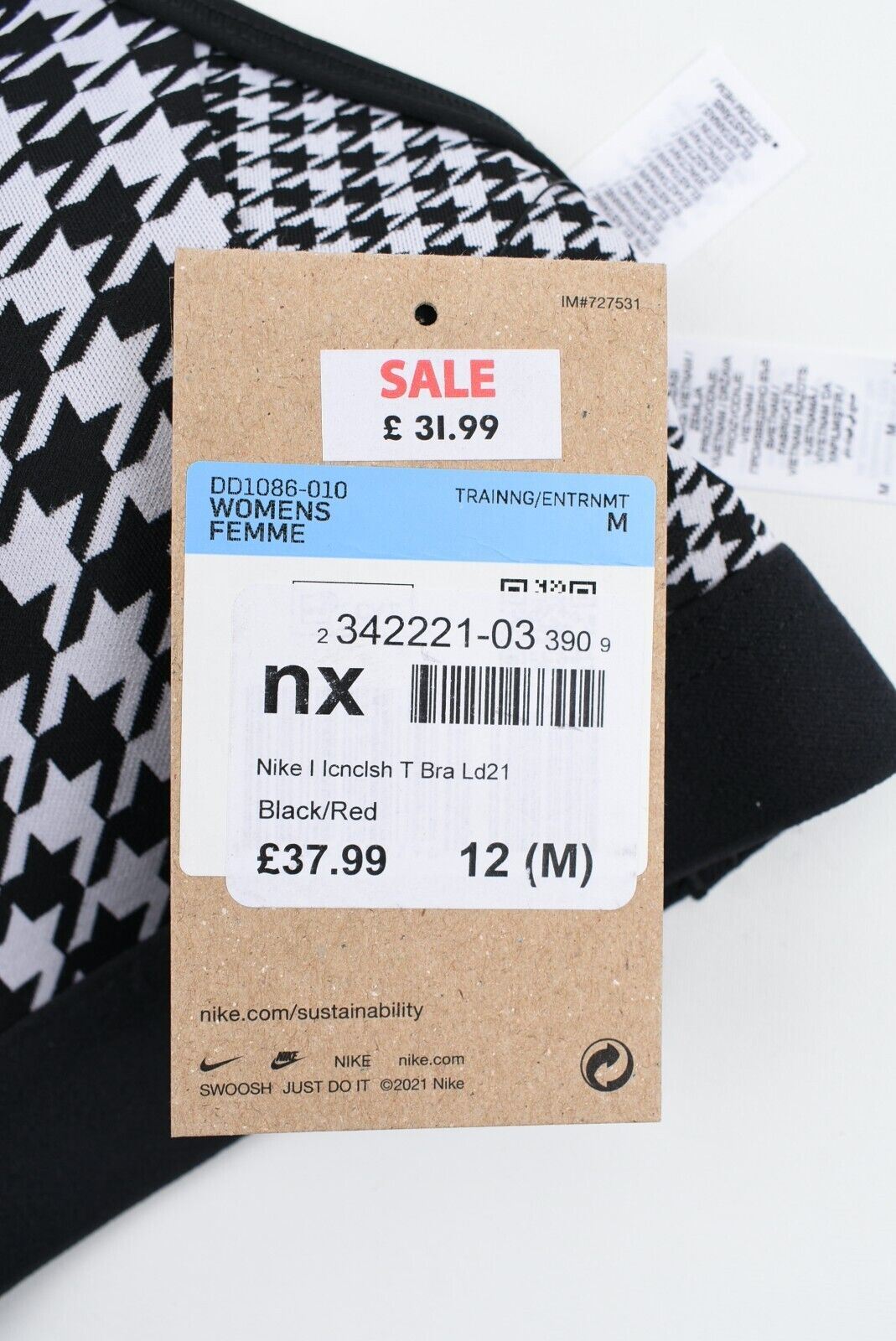 NIKE Women's ICON CLASH Women's Sports Bra, Black/Houndstooth, size M /UK 12