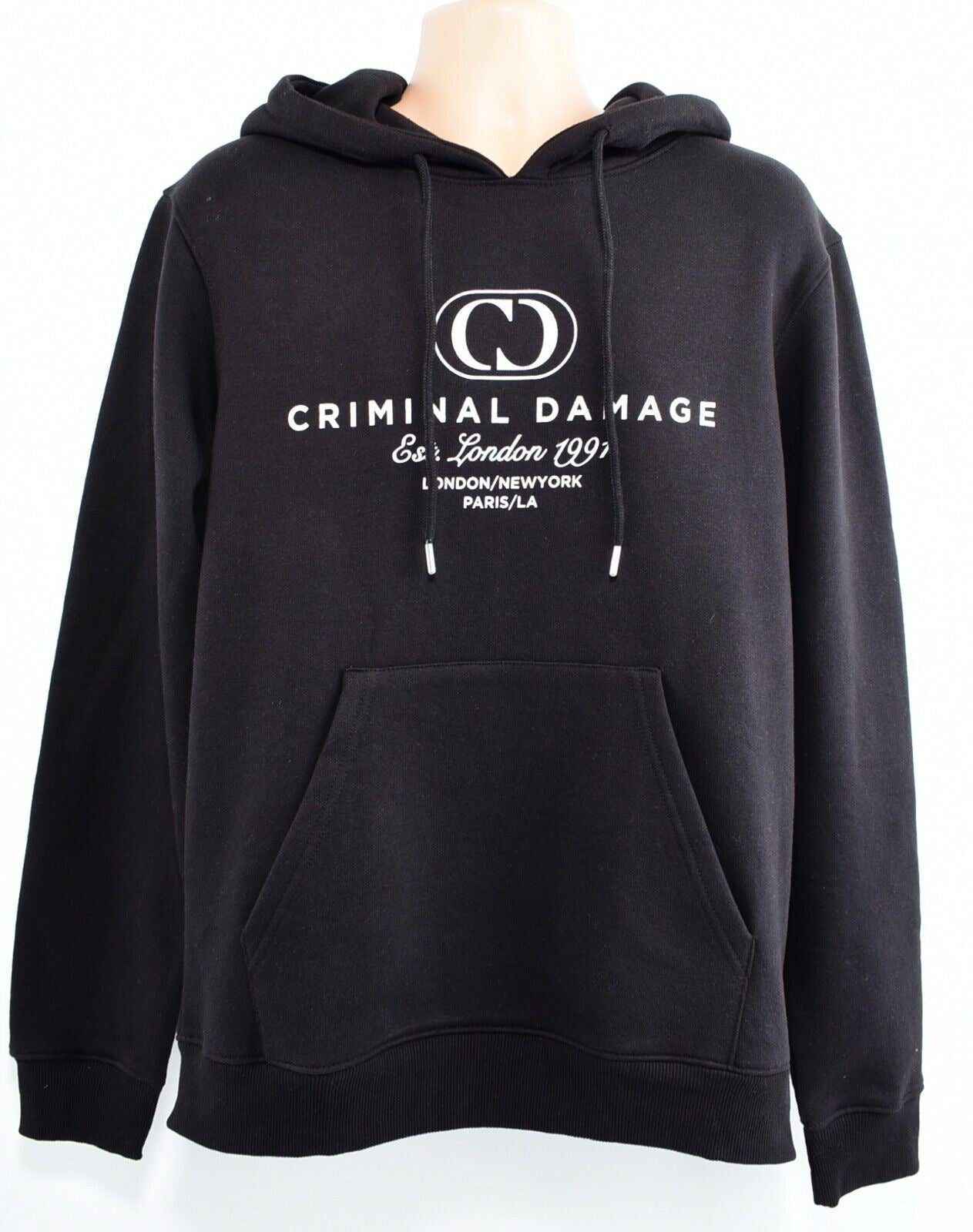 CRIMINAL DAMAGE Men's CAMDEN Hoodie Sweatshirt, Black with White Logo, size XL