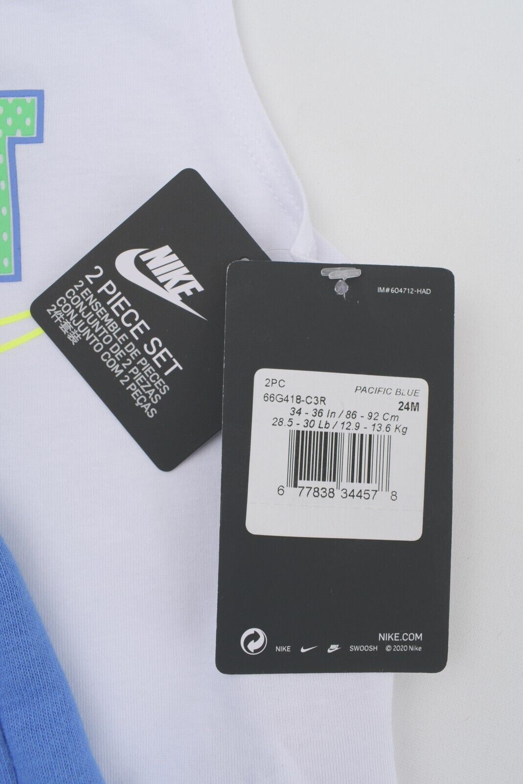 NIKE Baby Boys' 2-pc Summer Outfit Set, Top+Shorts, White/Blue, size 24 months