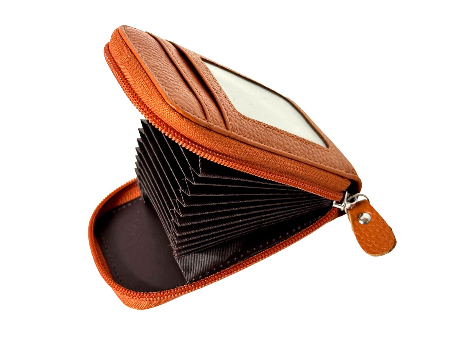 GENUINE LEATHER Men's Zip Around Card Holder - Small Wallet, Brown