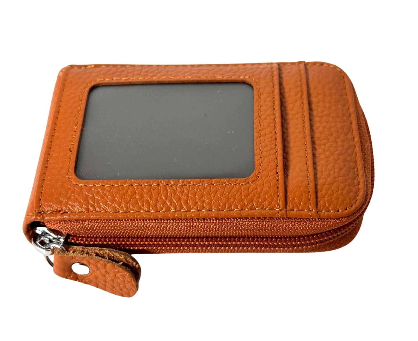 GENUINE LEATHER Men's Zip Around Card Holder - Small Wallet, Brown