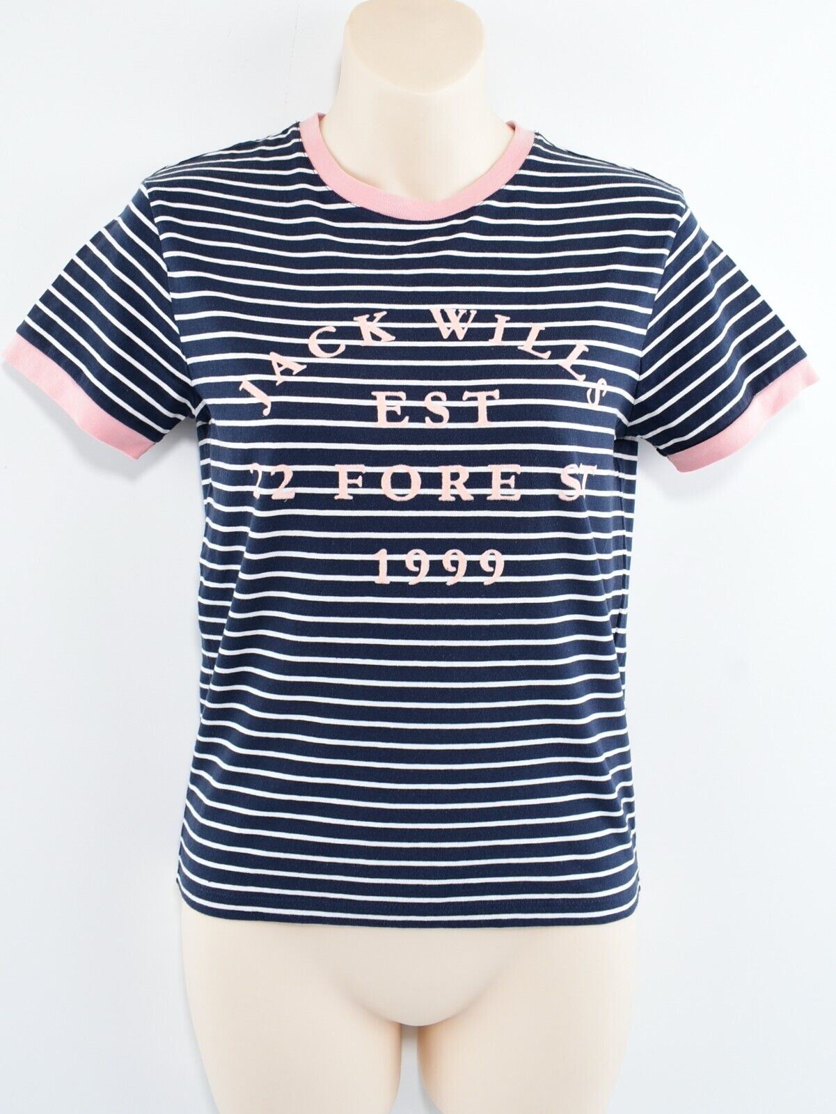 JACK WILLS Womens Short Sleeve Striped T-shirt, Blue/White/Pink, size UK 8