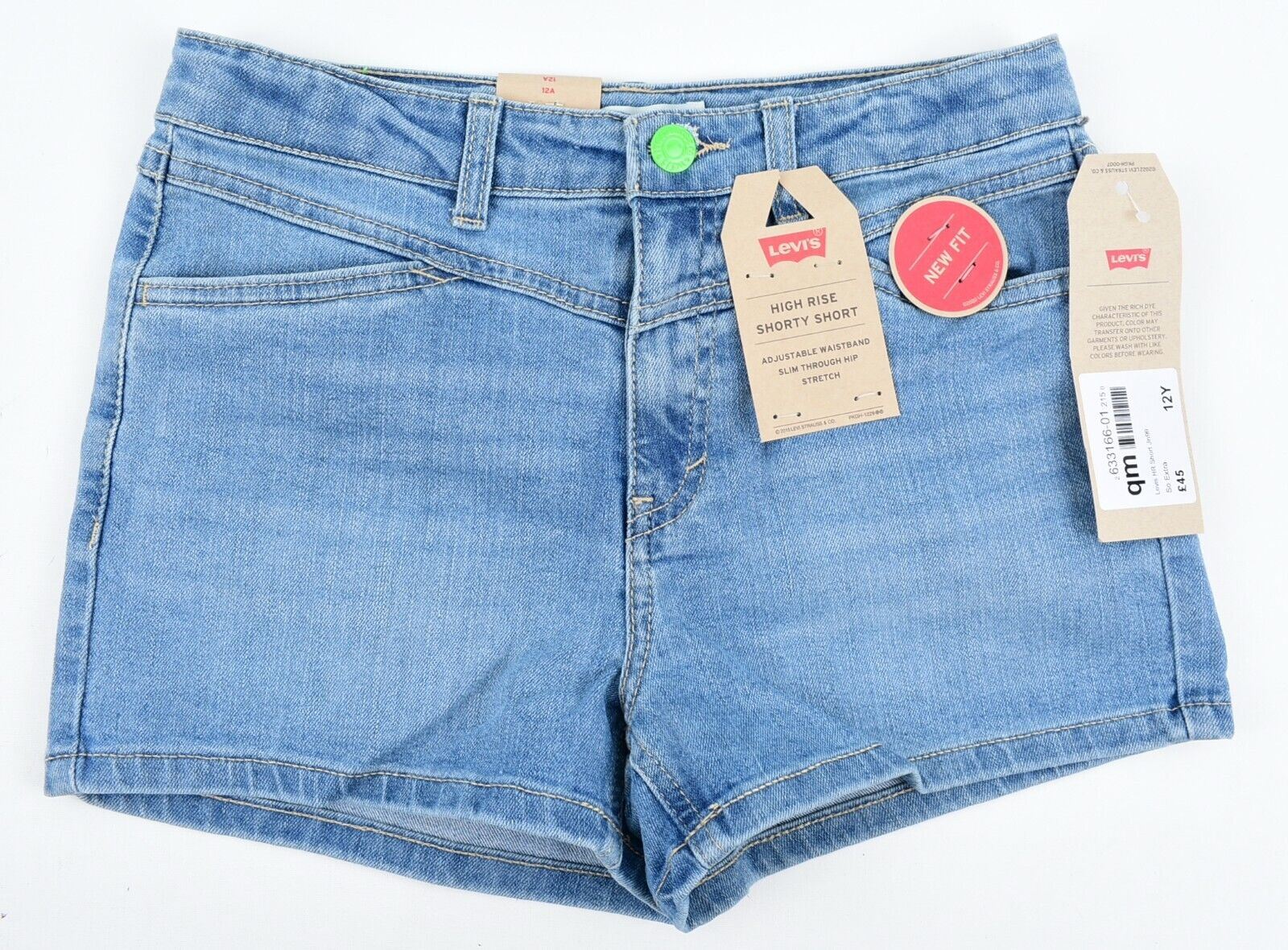 LEVIS Girls Kids High Rise SHORTY Shorts, Stretch Denim, Blue, size 12 years