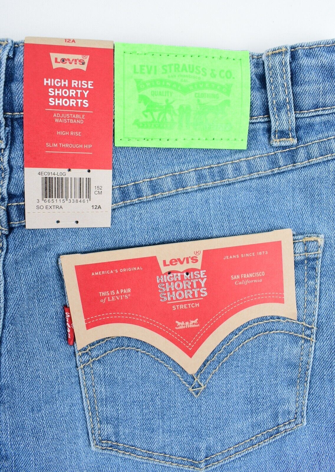 LEVIS Girls Kids High Rise SHORTY Shorts, Stretch Denim, Blue, size 12 years