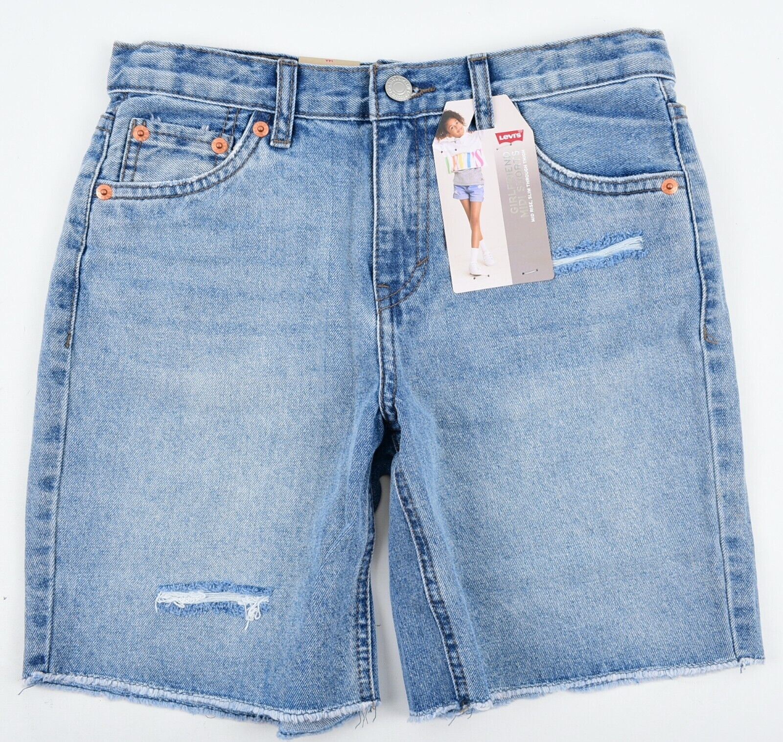 LEVIS Girls Kids Girlfriend Midi Denim Shorts, Mid Rise, Blue, size 14 years