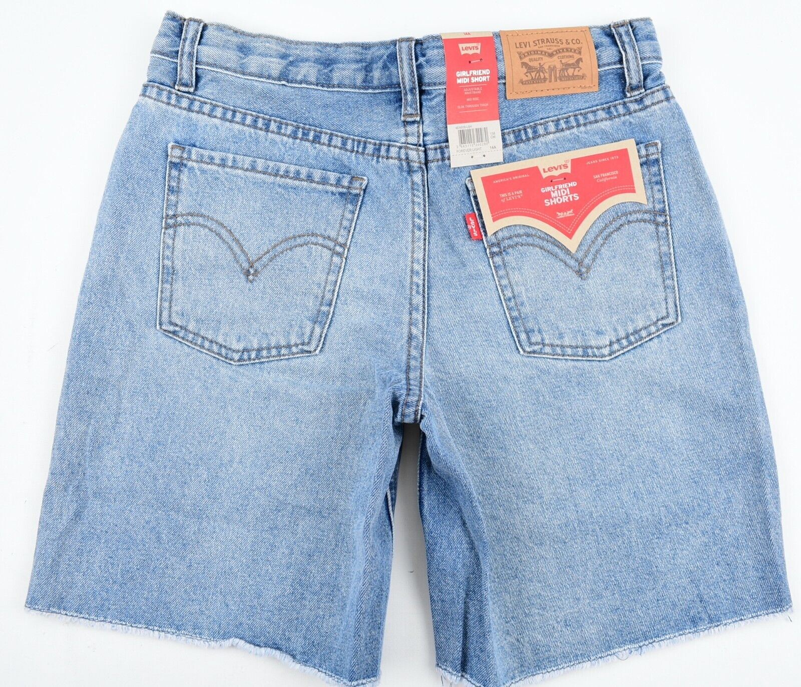 LEVIS Girls Kids Girlfriend Midi Denim Shorts, Mid Rise, Blue, size 14 years