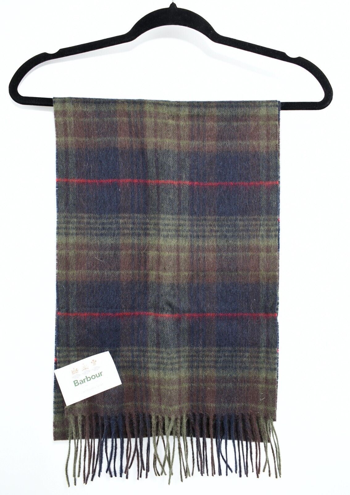 BARBOUR 100% Lambswool Fringed Scarf, Green Tartan Check, Unisex