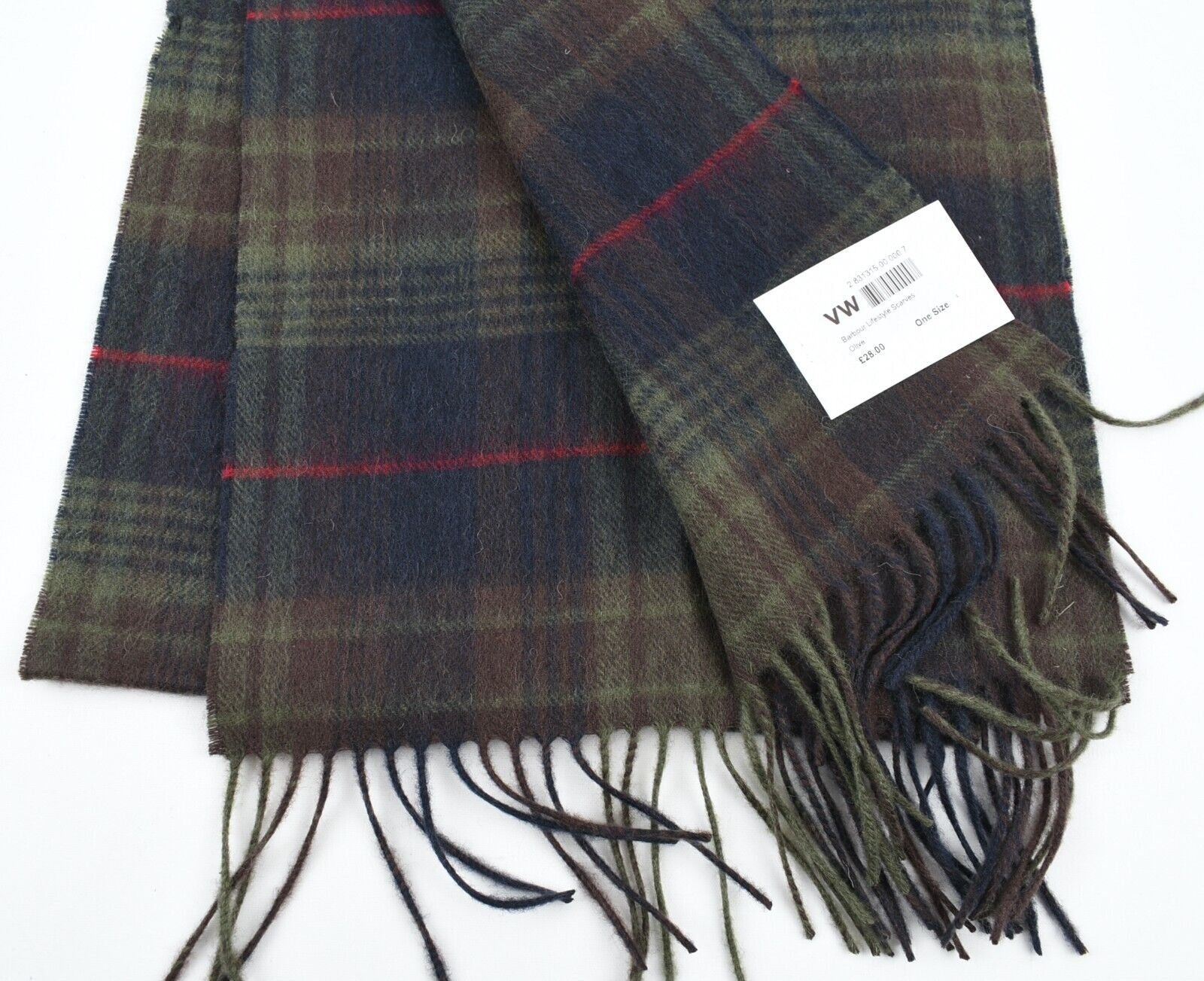BARBOUR 100% Lambswool Fringed Scarf, Green Tartan Check, Unisex