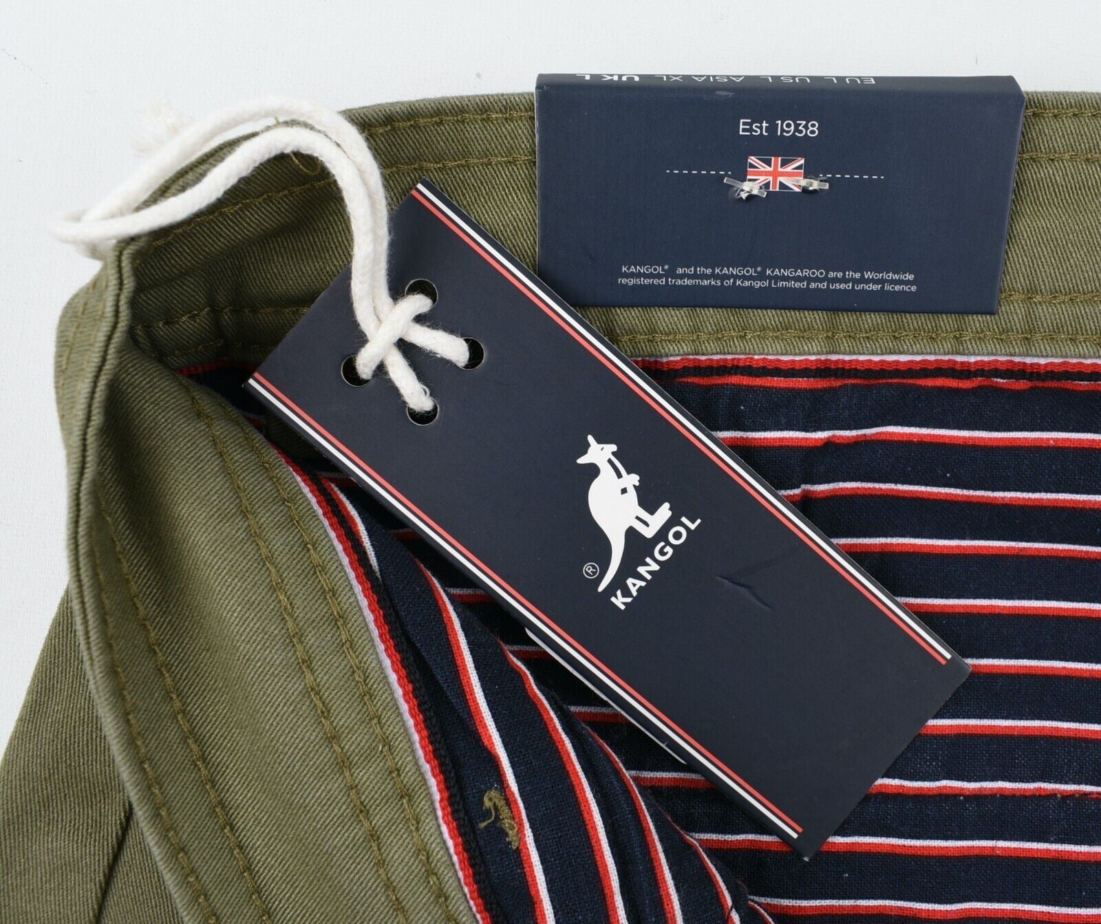 KANGOL Mens Chino Shorts, Khaki Green, size LARGE