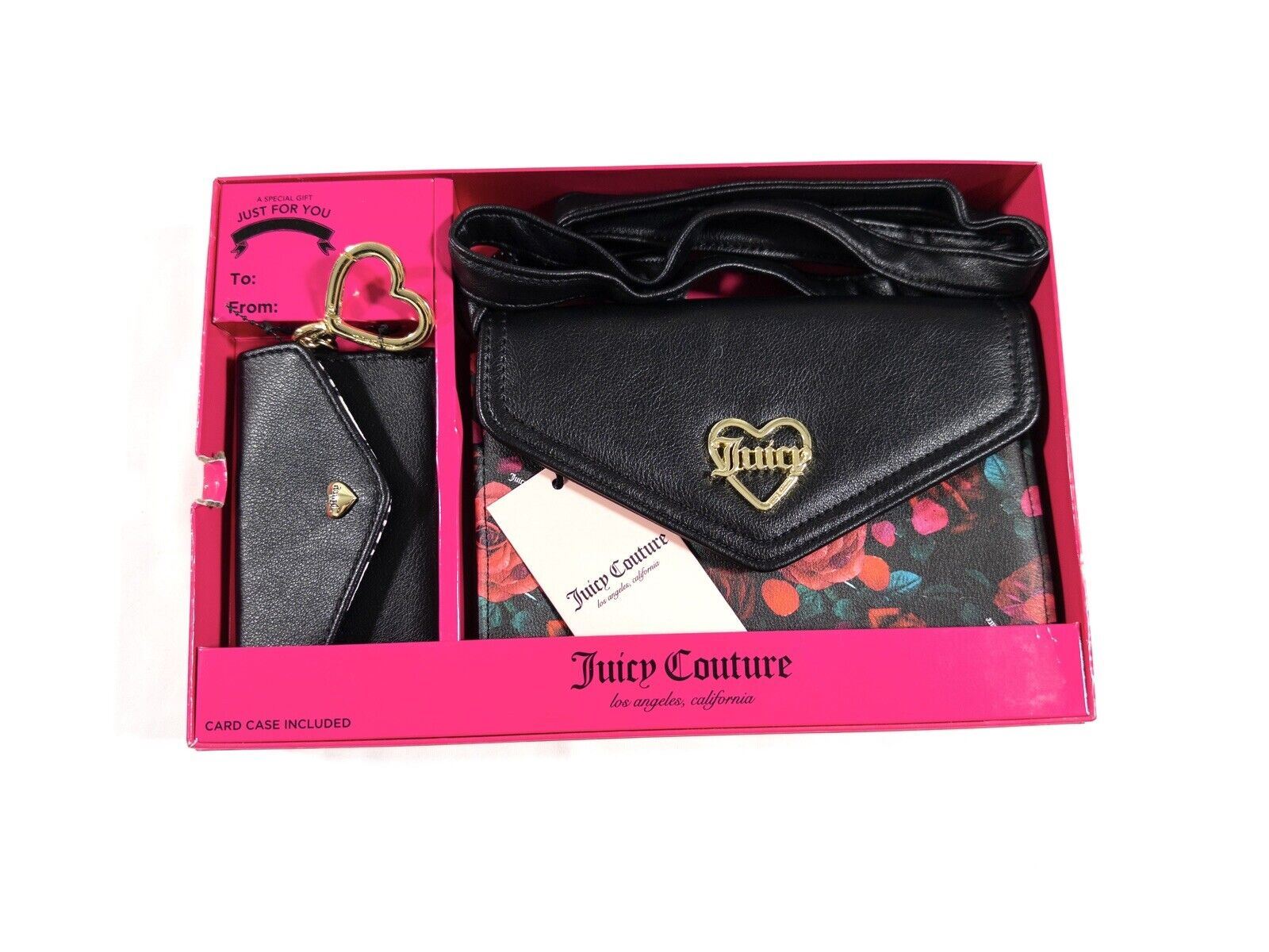 JUICY COUTURE Women's Black Shoulder Bag Card Case Roses