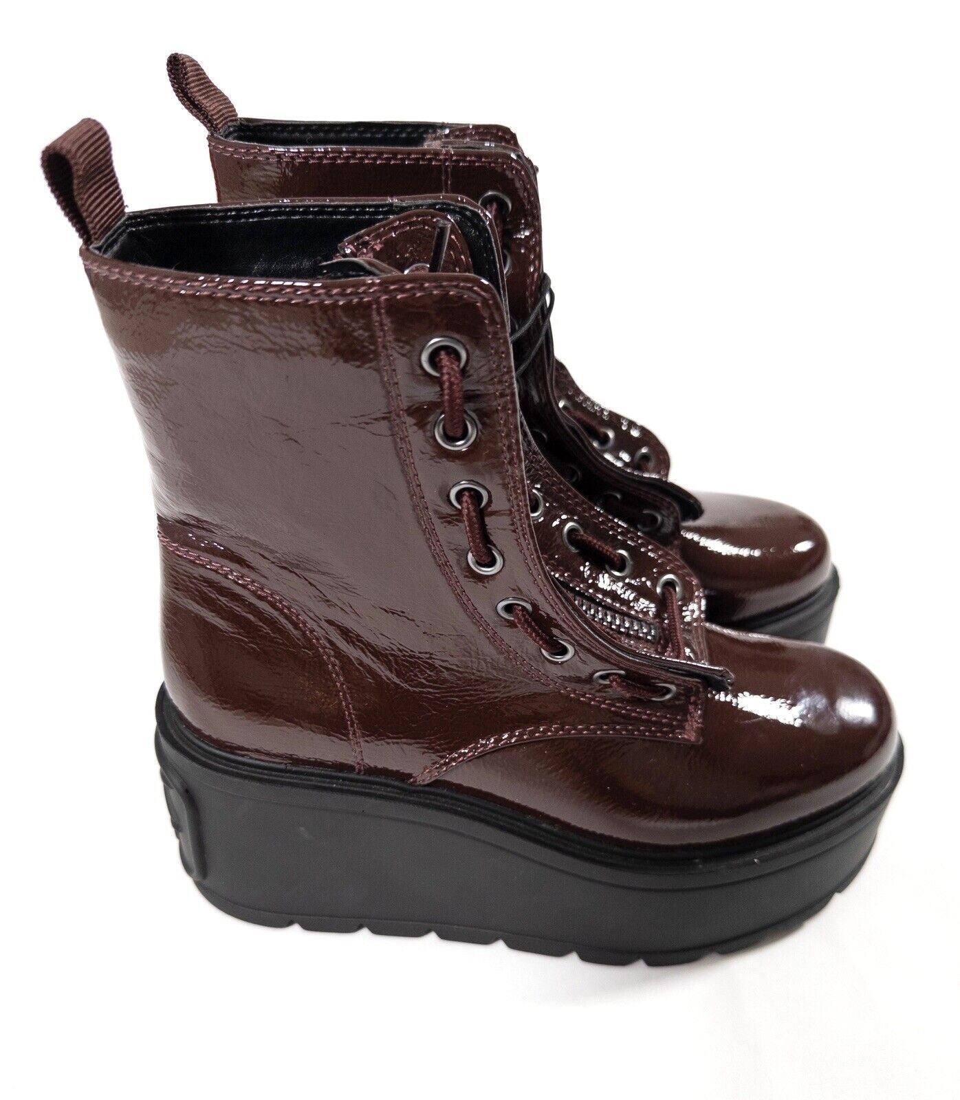 DKNY Women's Chunky Platform Patent Ankle Boots Burgundy Size UK 3
