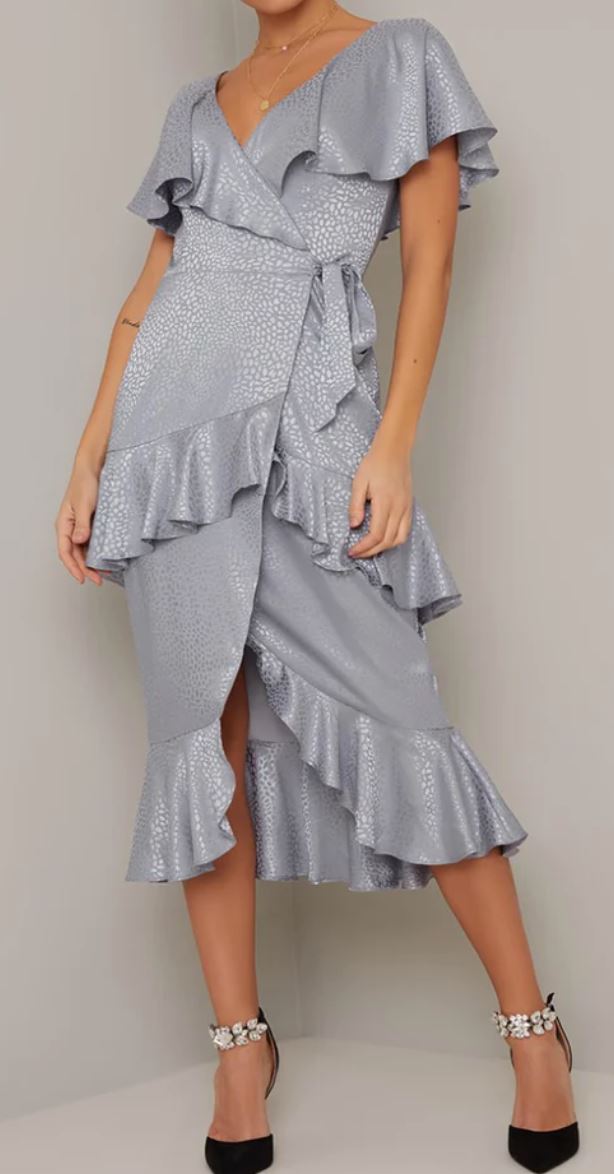 CHI CHI Womens RUBYLYN Satin Finish Ruffle Wrap Style Midi Dress, Blue, UK 10