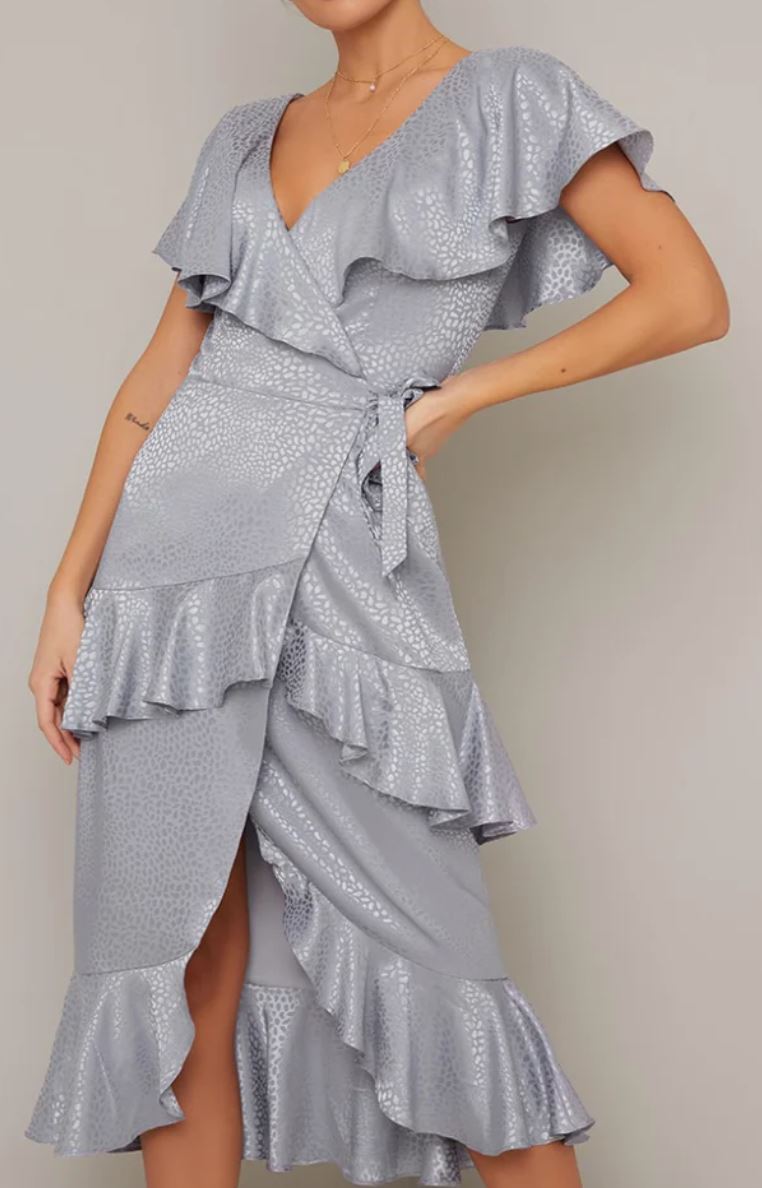 CHI CHI Womens RUBYLYN Satin Finish Ruffle Wrap Style Midi Dress, Blue, UK 10