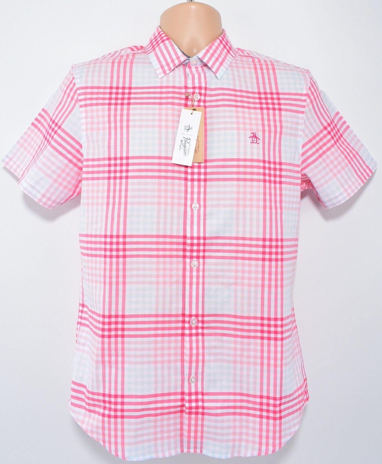 PENGUIN Mens Heritage Slim Fit Short Sleeve Shirt, Red Check, size S