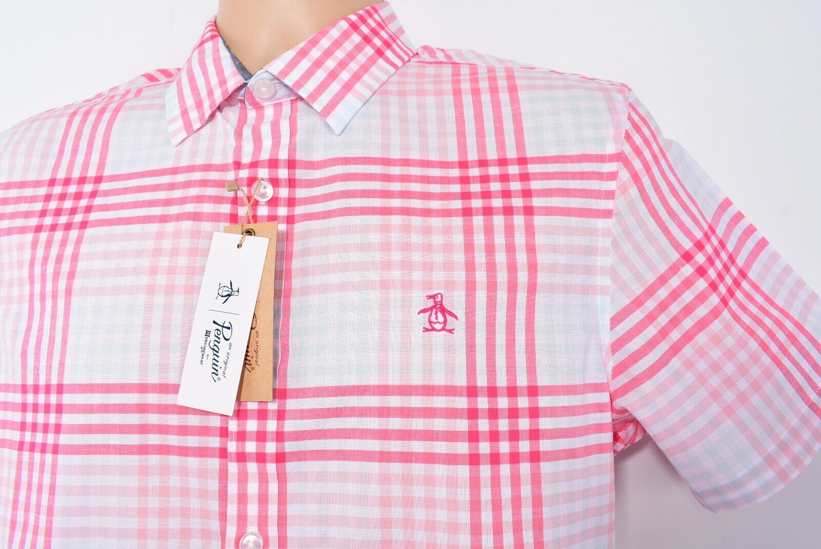 PENGUIN Mens Heritage Slim Fit Short Sleeve Shirt, Red Check, size S