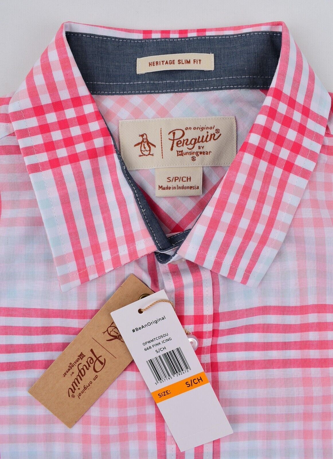 PENGUIN Mens Heritage Slim Fit Short Sleeve Shirt, Red Check, size S