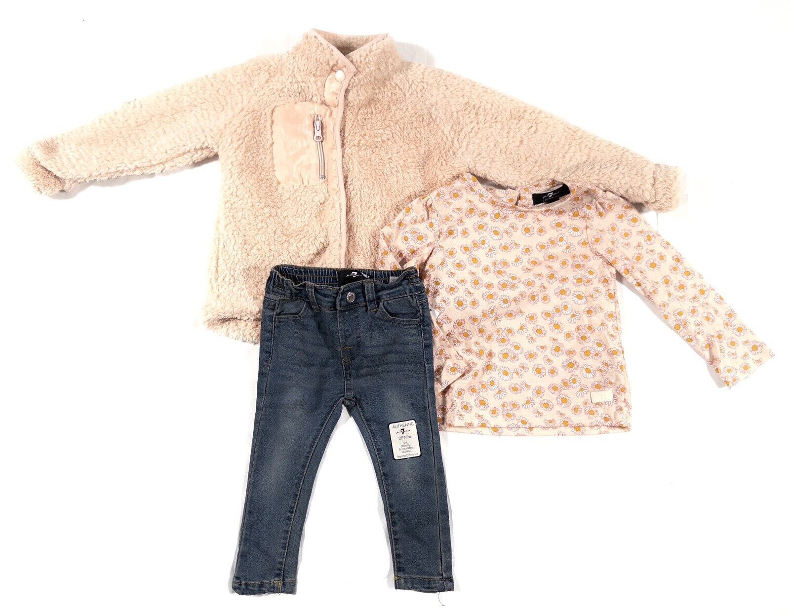 7 FOR ALL MANKIND Infant Girls 3 piece set Fleece Top Jeans Top Size UK 24m