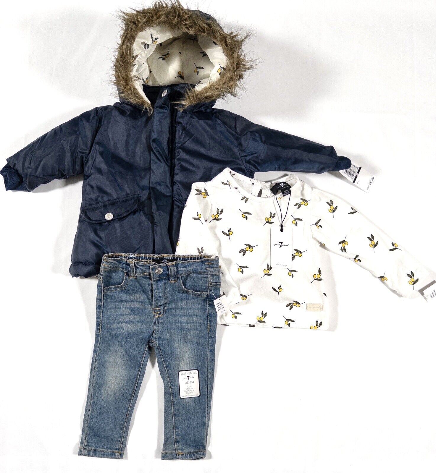 7 FOR ALL MANKIND Infant Girls Blue 3 piece set Coat Trousers Top Size UK 12m