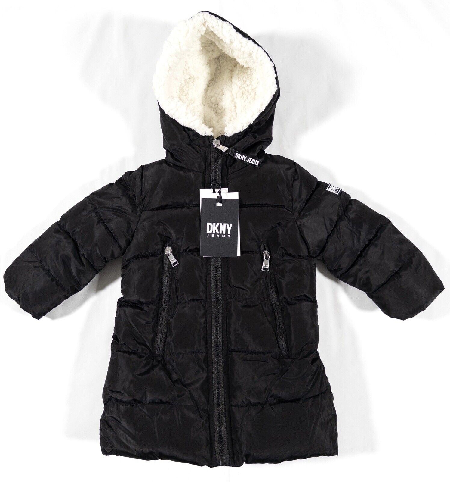 DKNY JEANS Baby Girl Hooded Black Mid Length Coat Size UK 18 Months