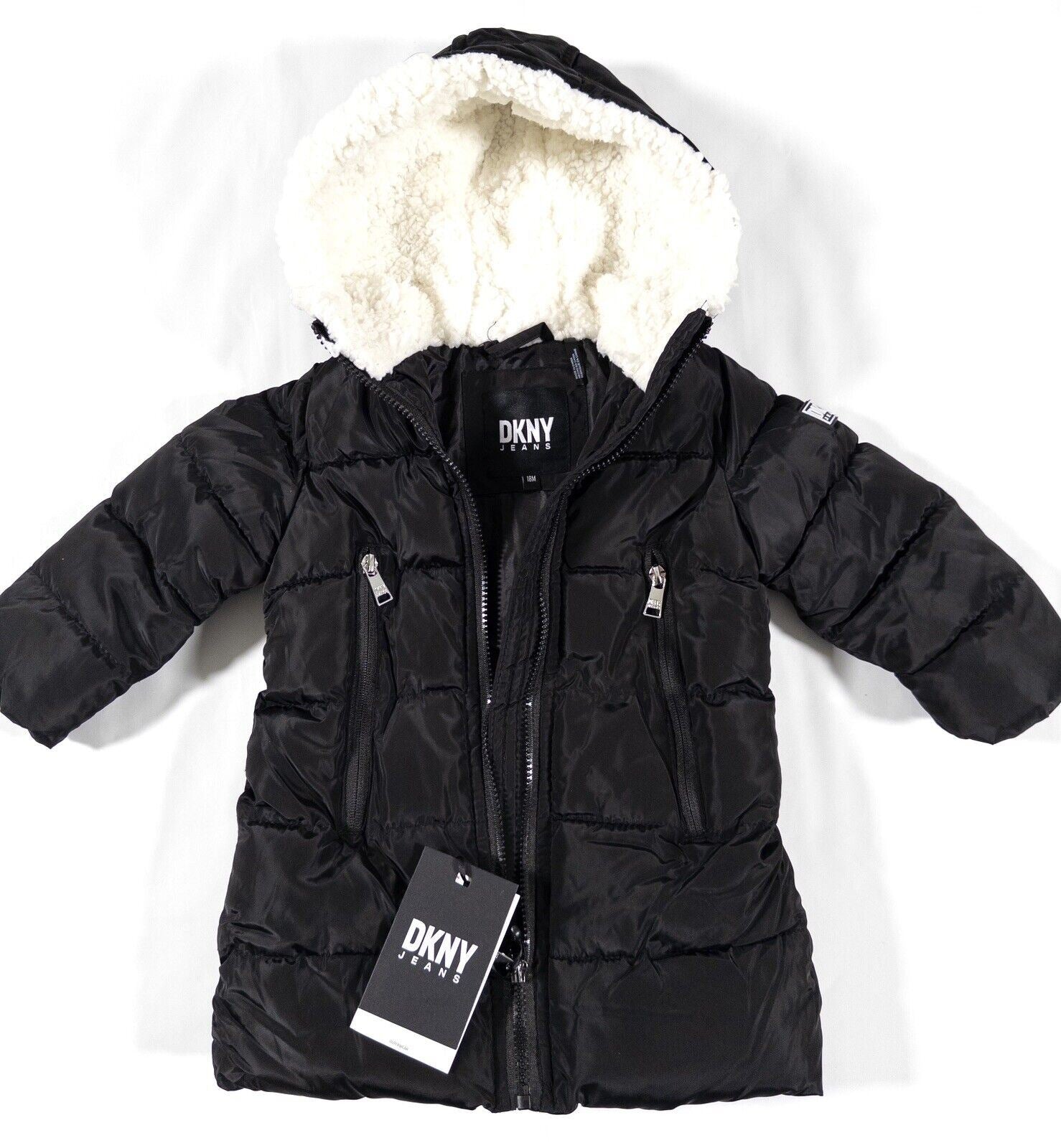 DKNY JEANS Baby Girl Hooded Black Mid Length Coat Size UK 18 Months
