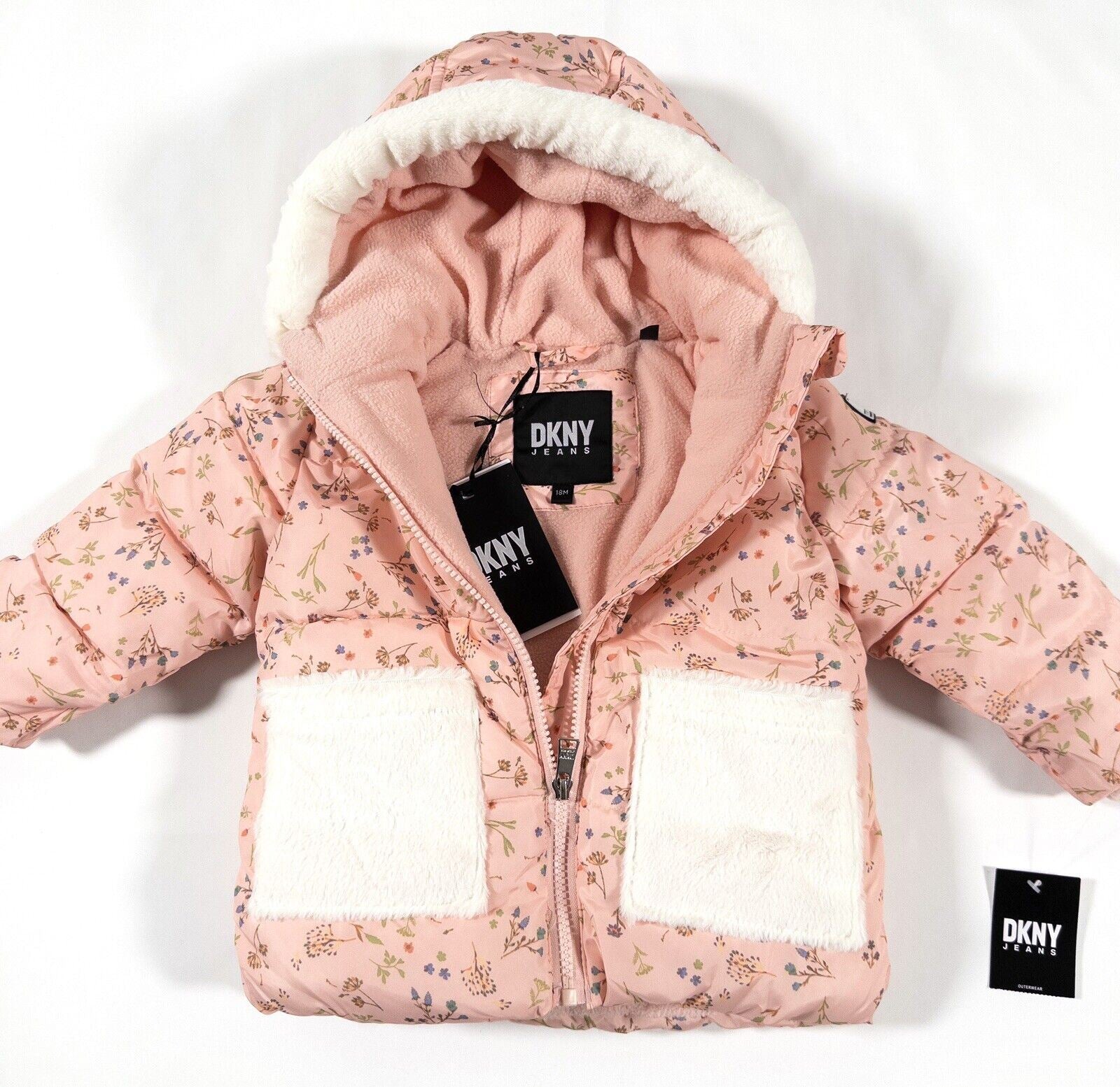 DKNY JEANS Baby Girl Pink Floral Coat Hooded Size UK 18 Months