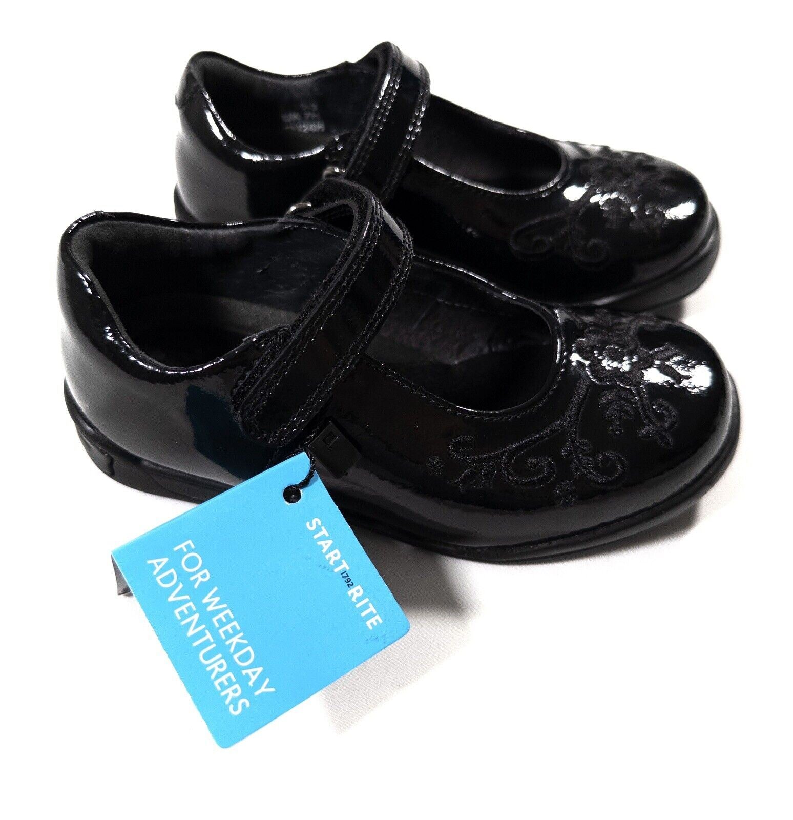START RITE Kids Girls Black Patent School Shoes Floral Design Size UK 7 F