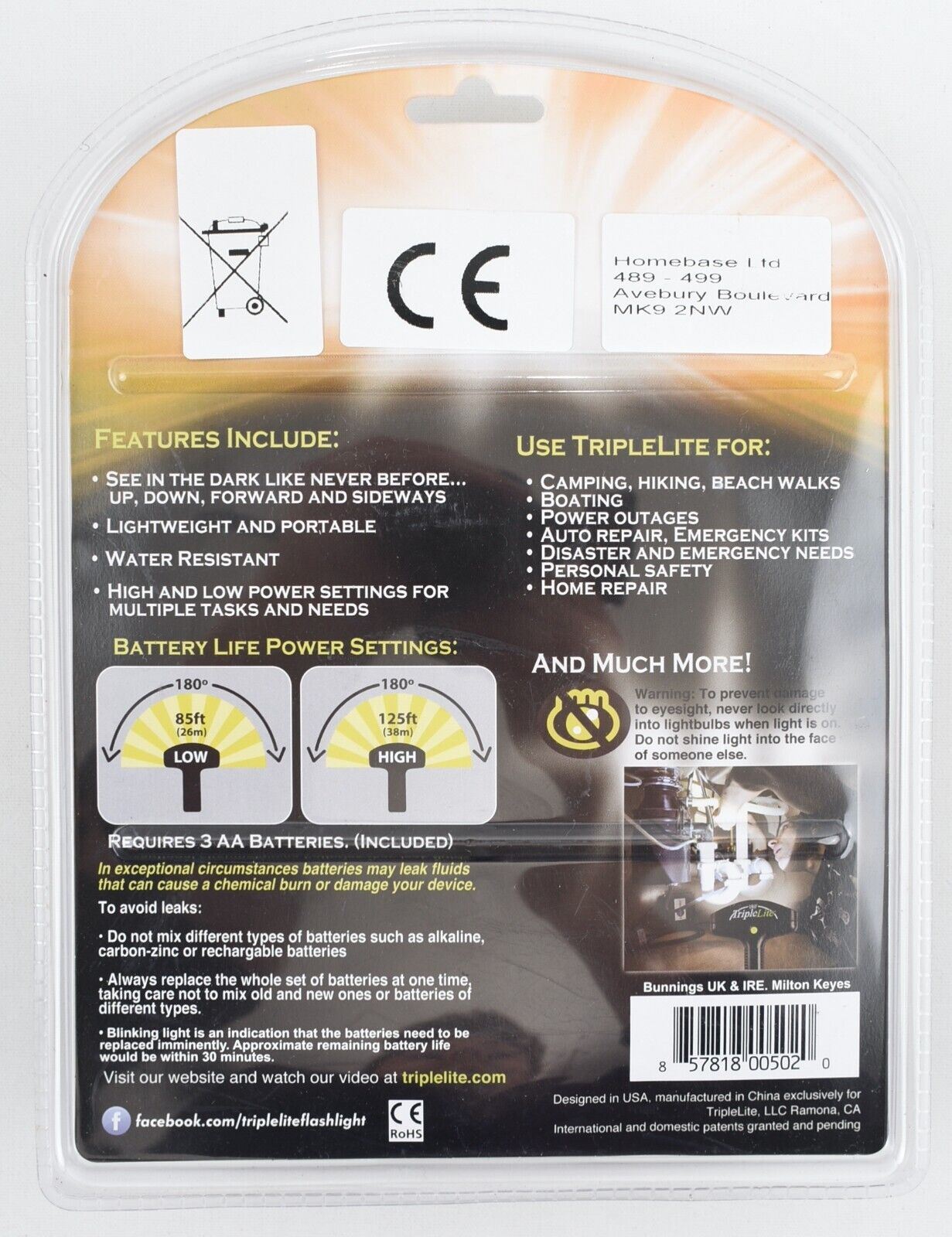 TRIPLELITE 180° Wide Beam Flashlight, Torch (Camping, Hiking, Power Outage,..)