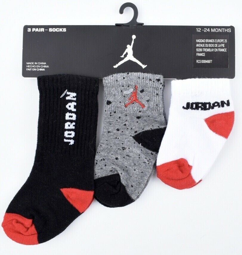 NIKE AIR JORDAN Baby Boys 3pk Socks, 3 different lengths, size 12-24 months