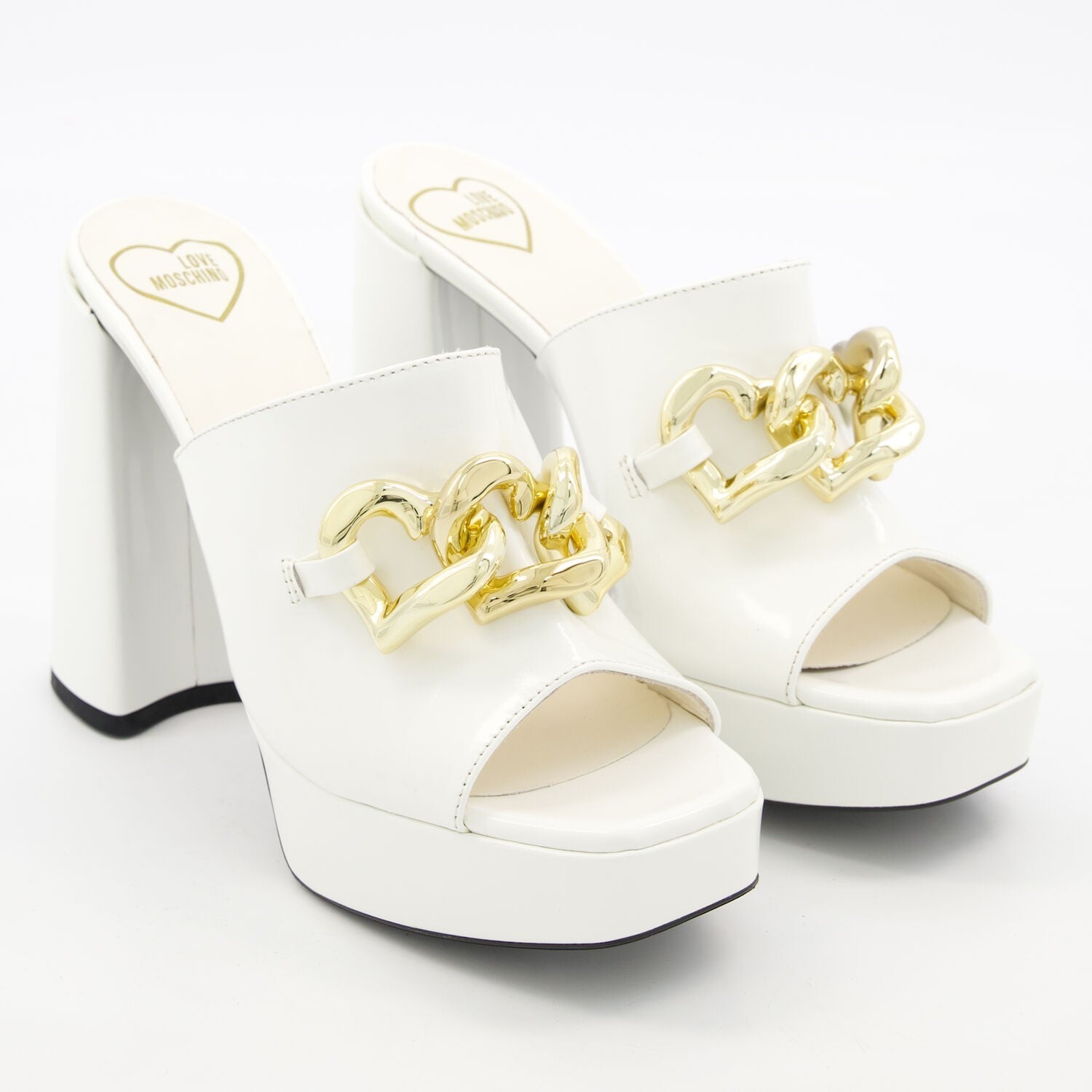 Love Moschino White Heart Chain Leather Block Heel Sandals UK6