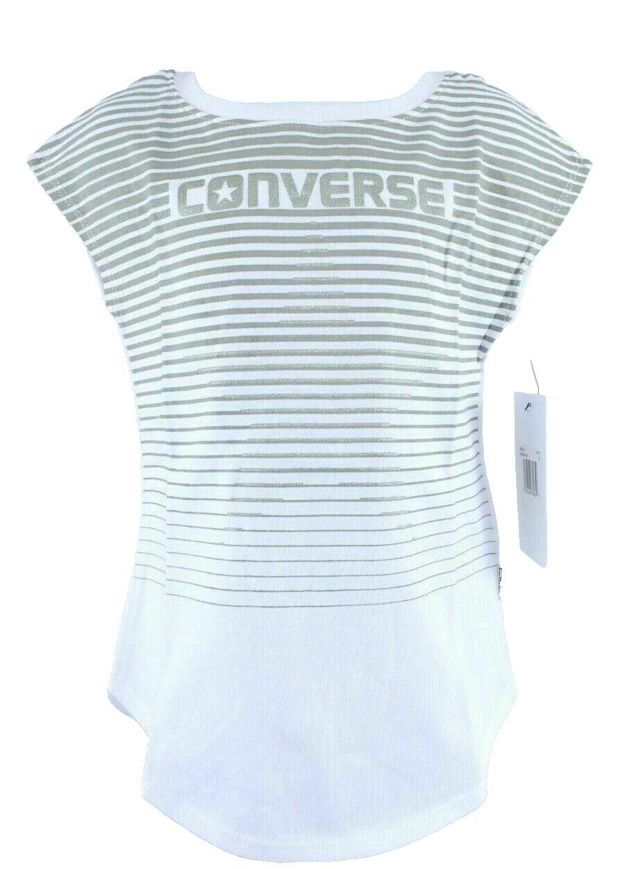 CONVERSE Girls' Short Sleeve T-Shirt Top White/Grey Stripes 2 years to 3 years