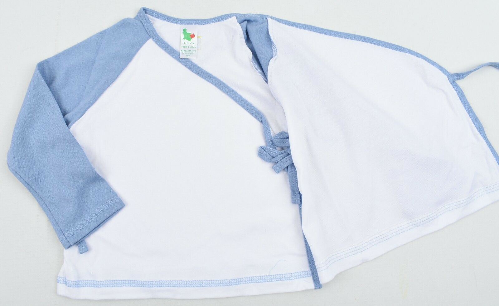 GREEN RABBIT Boys Wrap Around Top, White/Blue, MADE IN UK, size 2-3 Years
