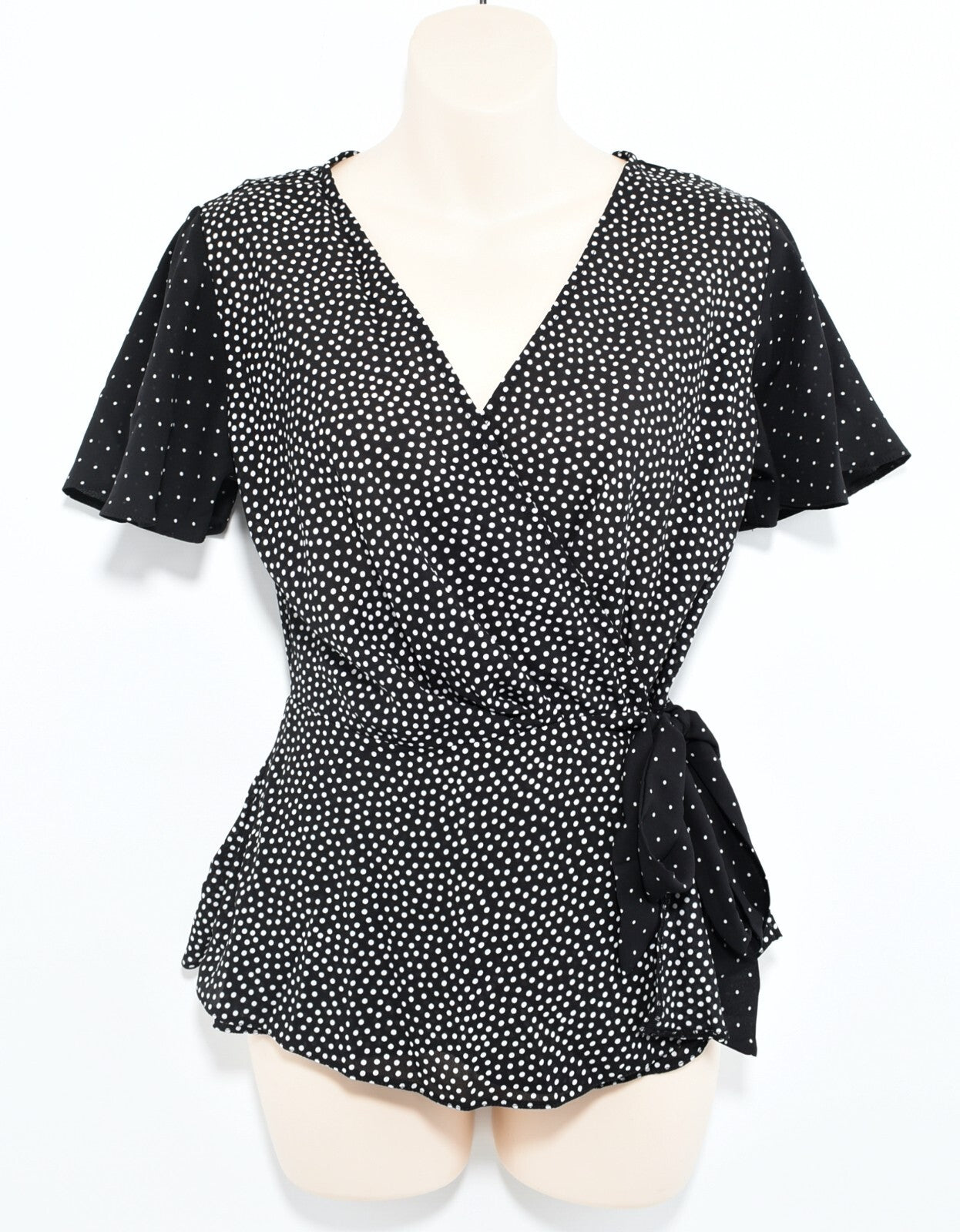 PARAPHRASE Womens Polka Dot Wrap Top, Black/White, size SMALL