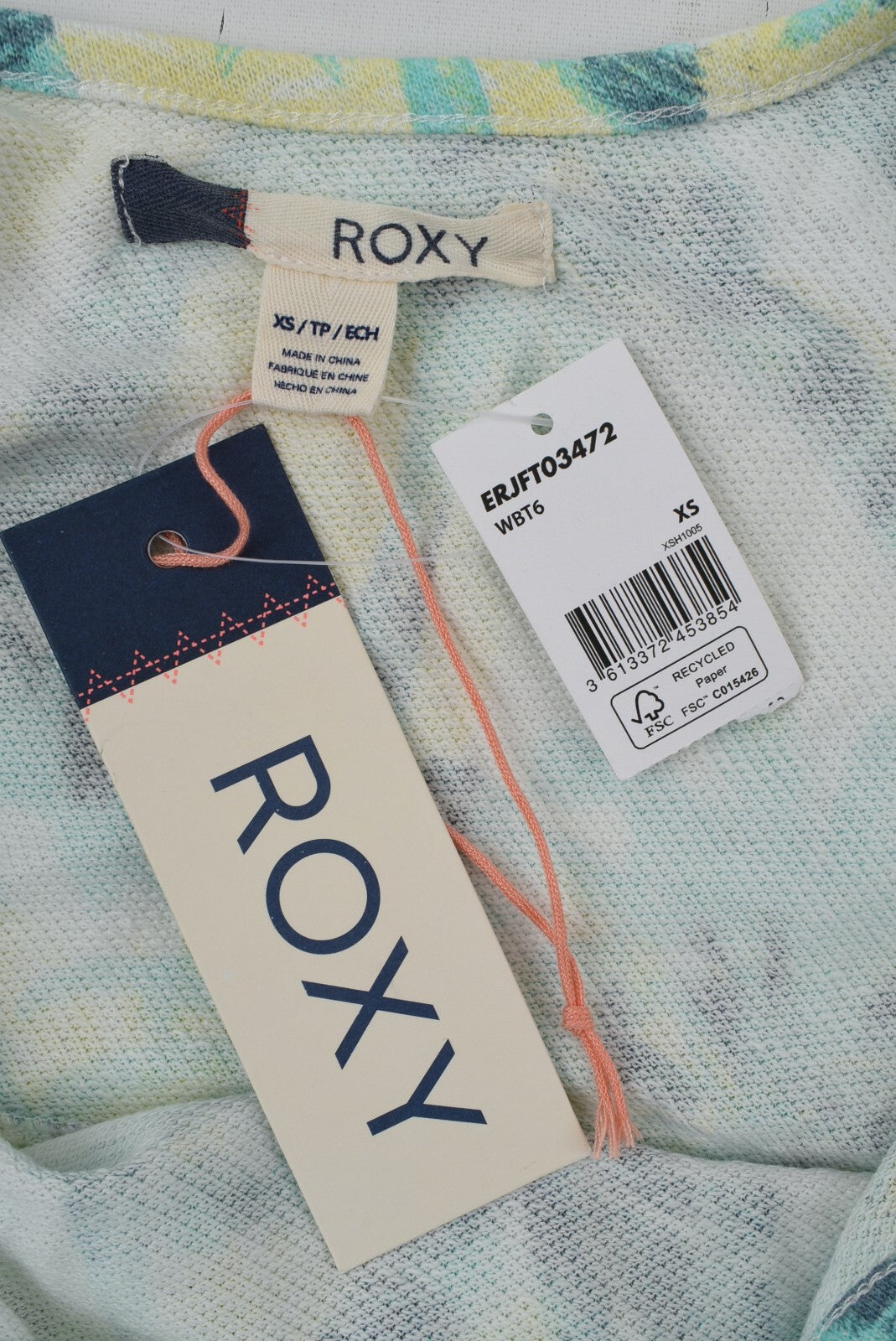 ROXY Womens French Terry Top, Cream/Green/Yellow Tropical Print, size S
